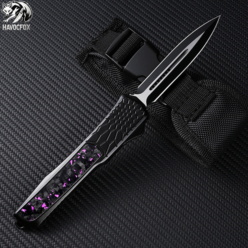 Purple Flake Carbon Fiber OTF Tactical Out-The-Front Automatic Knife