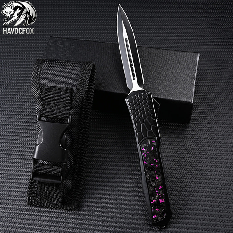 Purple Flake Carbon Fiber OTF Tactical Out-The-Front Automatic Knife