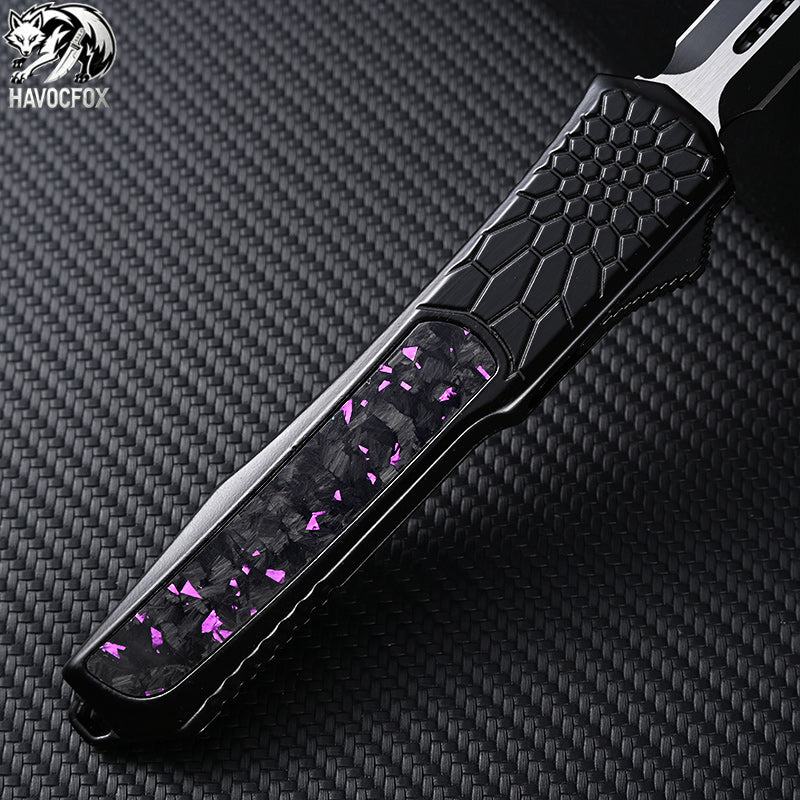 Purple Flake Carbon Fiber OTF Tactical Out-The-Front Automatic Knife