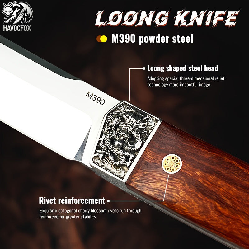 Carving Dragon Outdoor Straight Knife with Leather Sheath