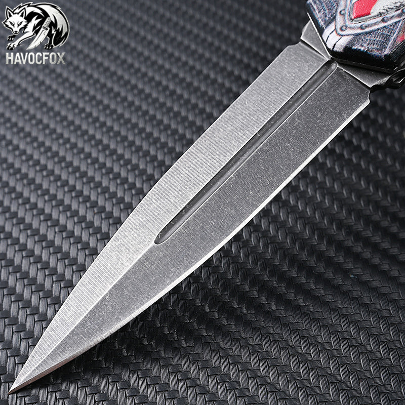 3D Embossed Aluminum Handle Double Spear Point Side Flip Folding Pocket Knife