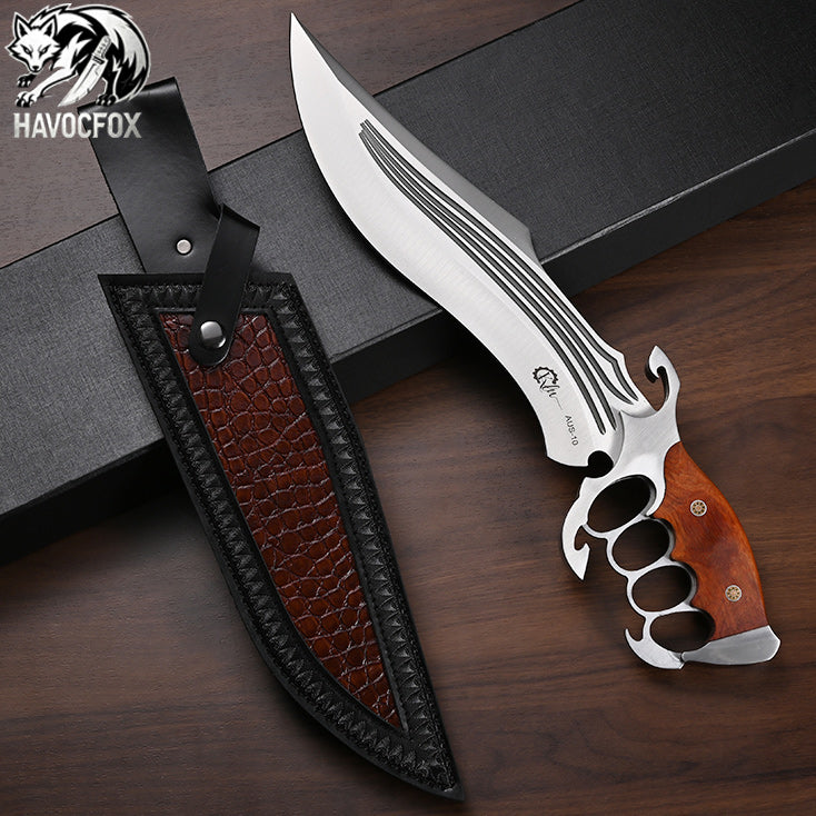 AUS-10 Wood Handle Knuckle Guard Tactical Bowie Fixed Blade Knife