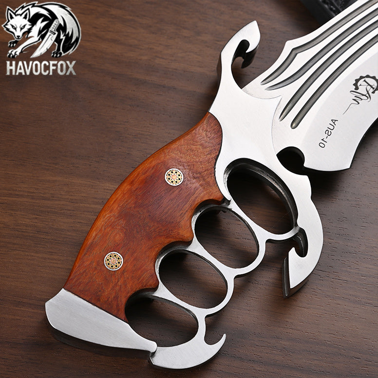 AUS-10 Wood Handle Knuckle Guard Tactical Bowie Fixed Blade Knife