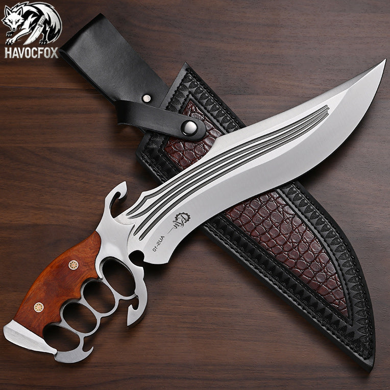 AUS-10 Wood Handle Knuckle Guard Tactical Bowie Fixed Blade Knife
