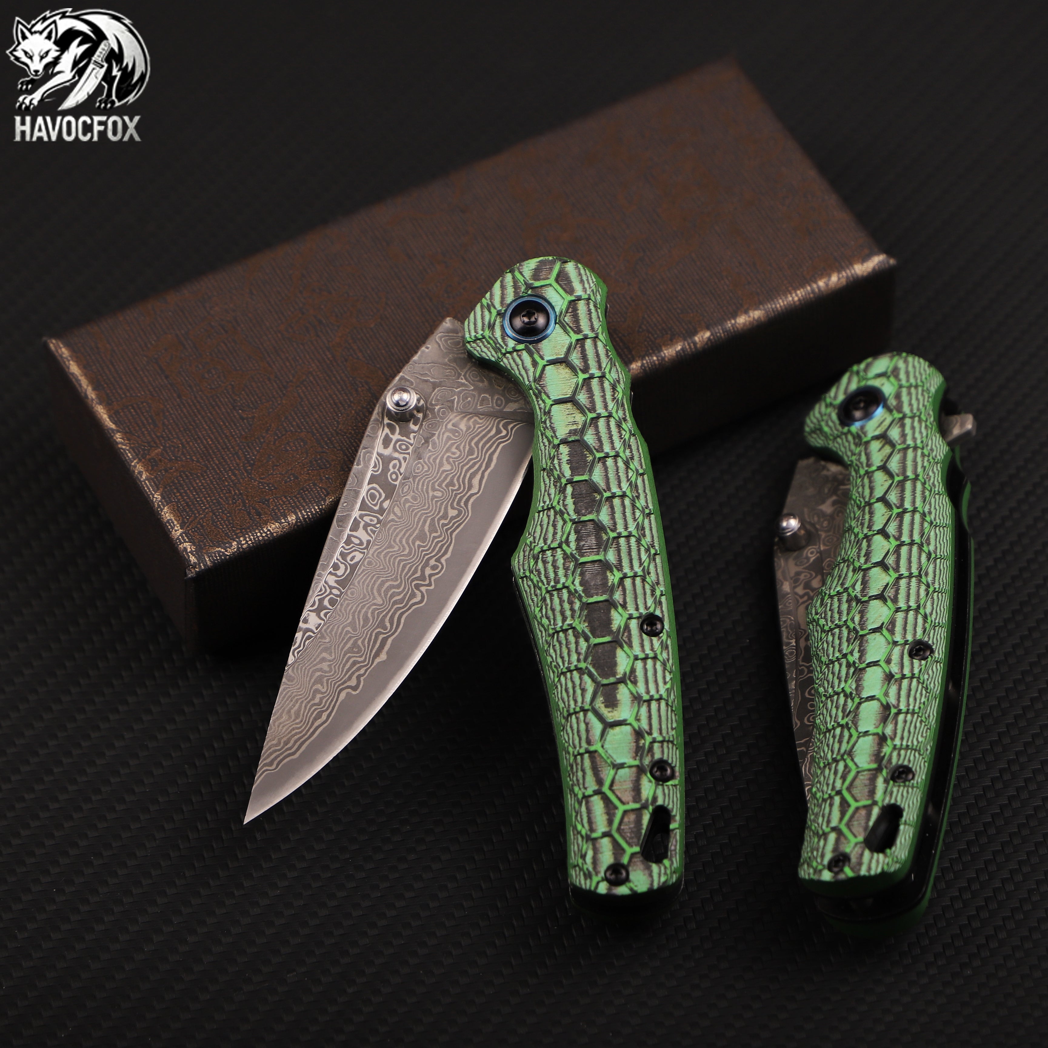 Green Honeycomb Texture G10 Damascus Folding EDC Pocket Knife