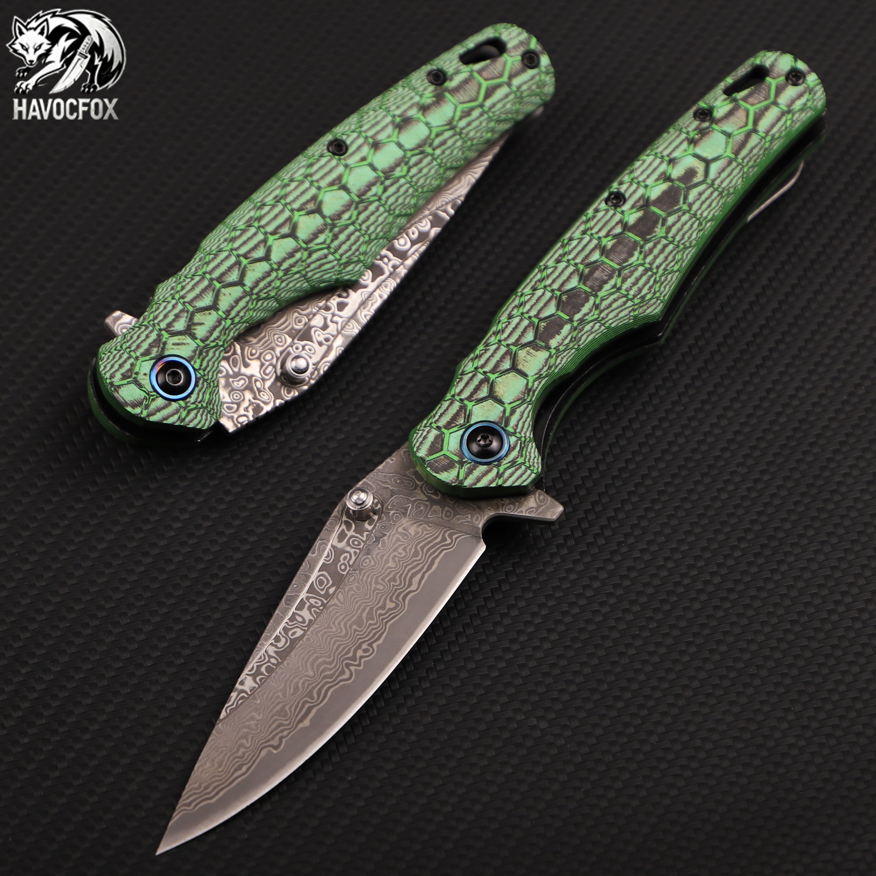 Green Honeycomb Texture G10 Damascus Folding EDC Pocket Knife