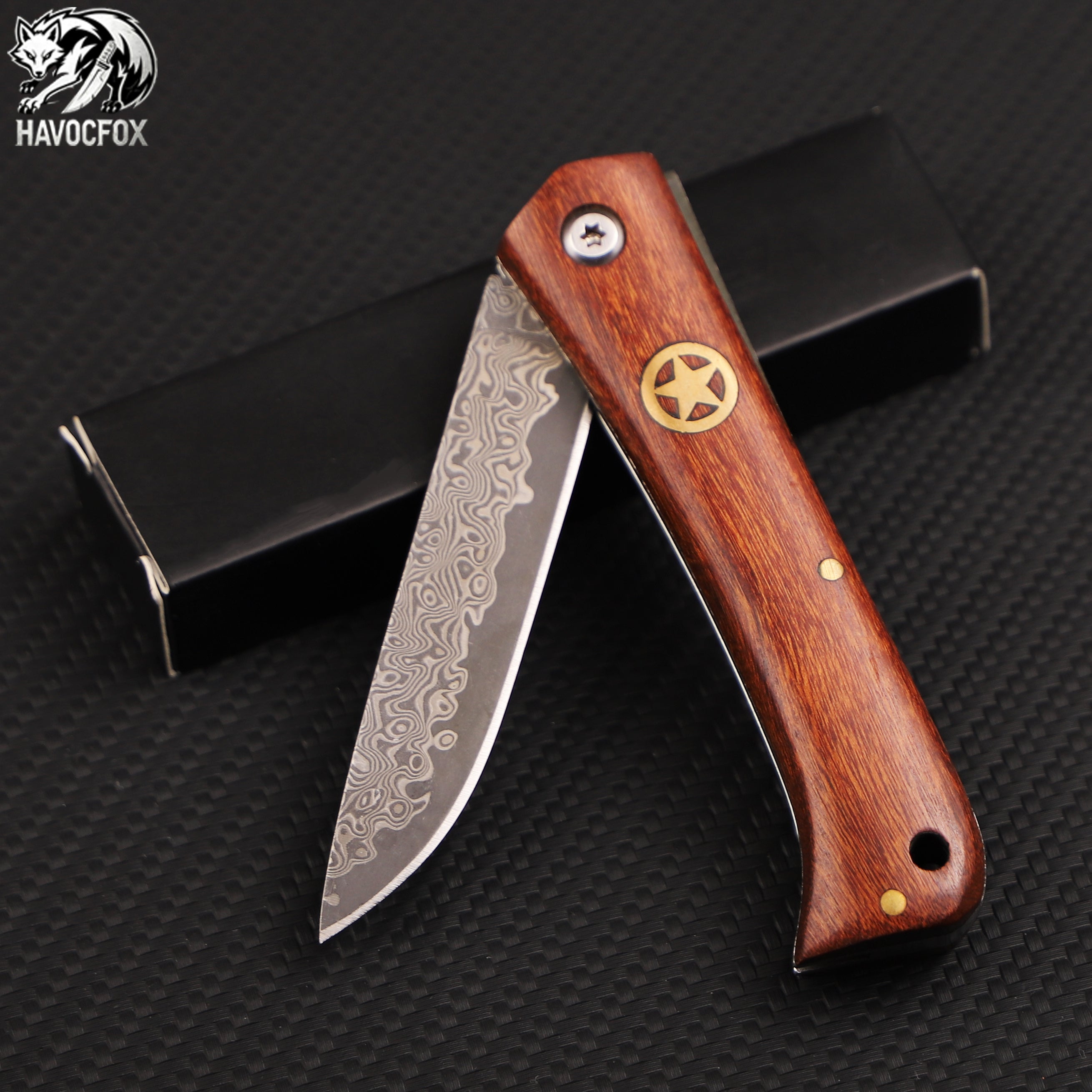 Rosewood Handle Five-pointed Star Badge Damascus Steel Folding Pocket Knife