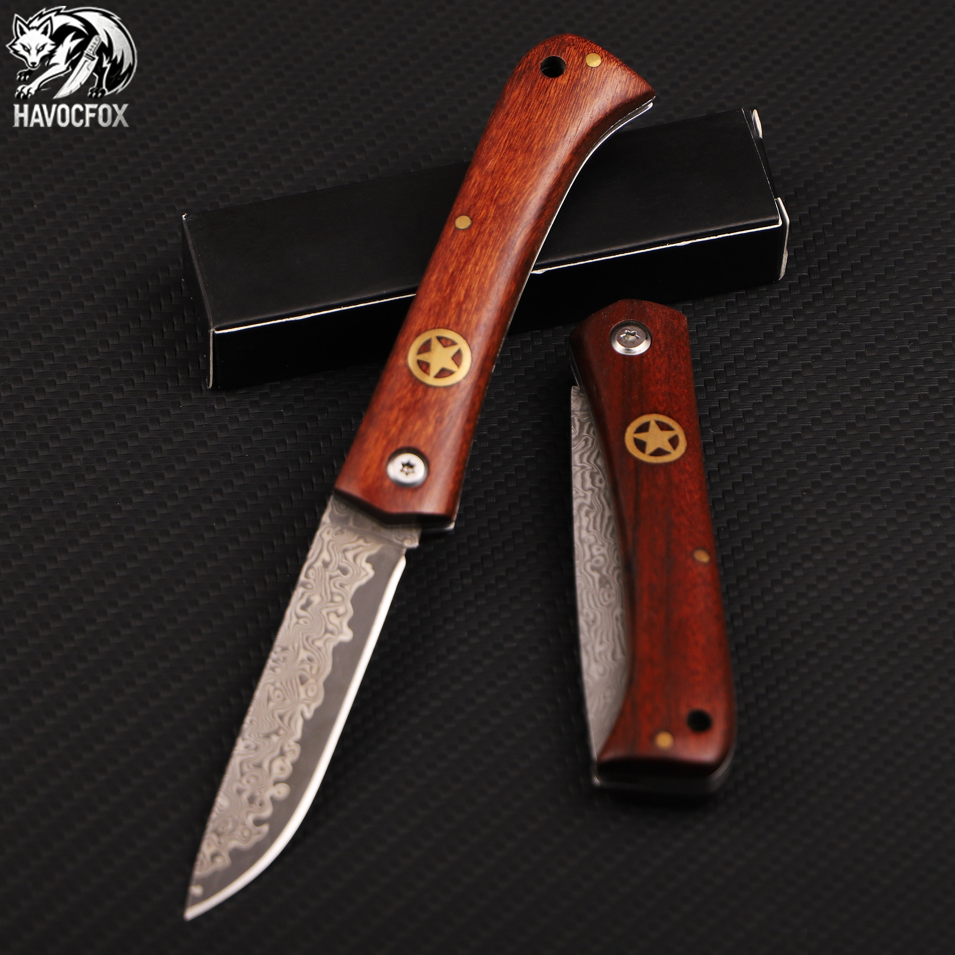 Rosewood Handle Five-pointed Star Badge Damascus Steel Folding Pocket Knife