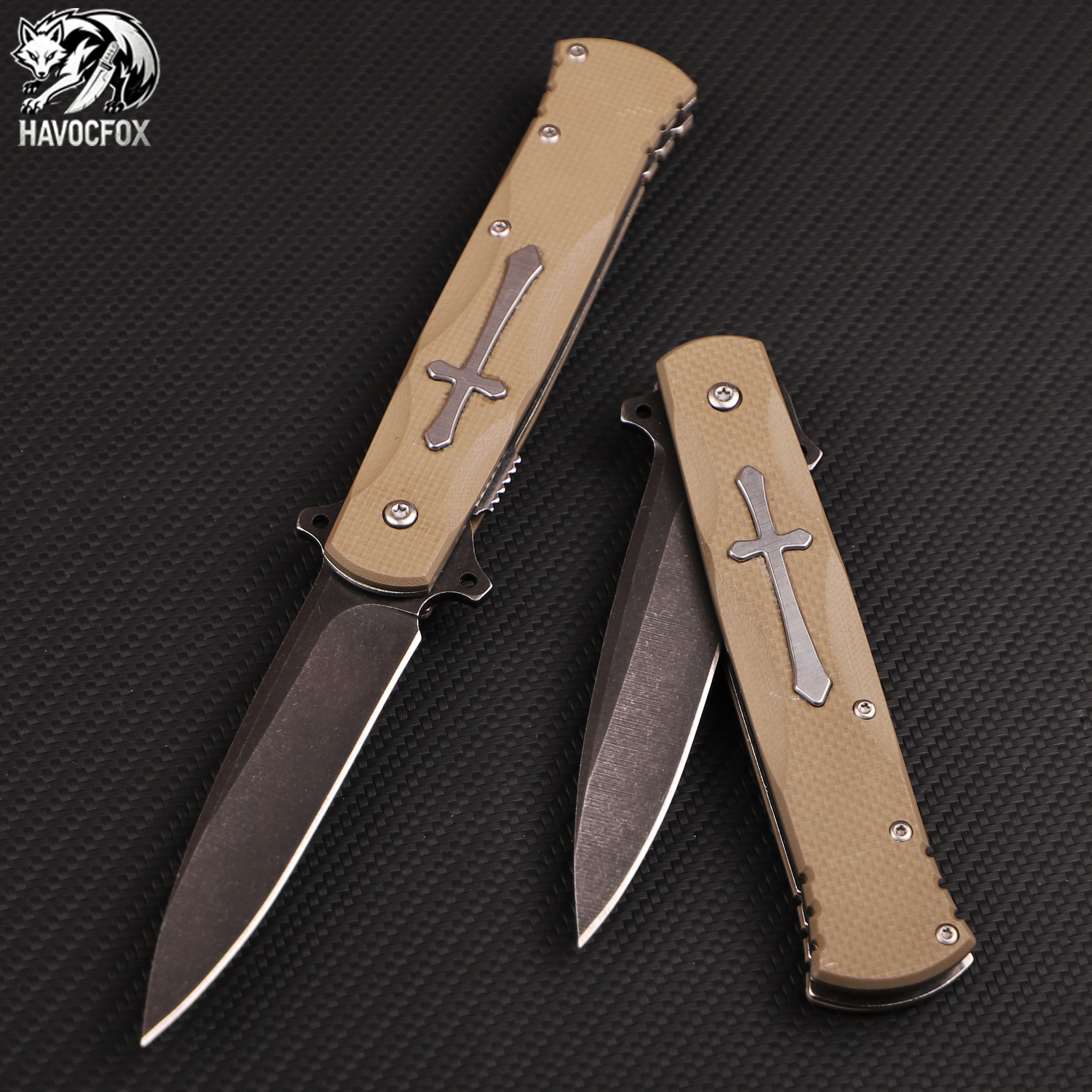G10 Handle Cross Inlay Spear Point Folding EDC Pocket Knife