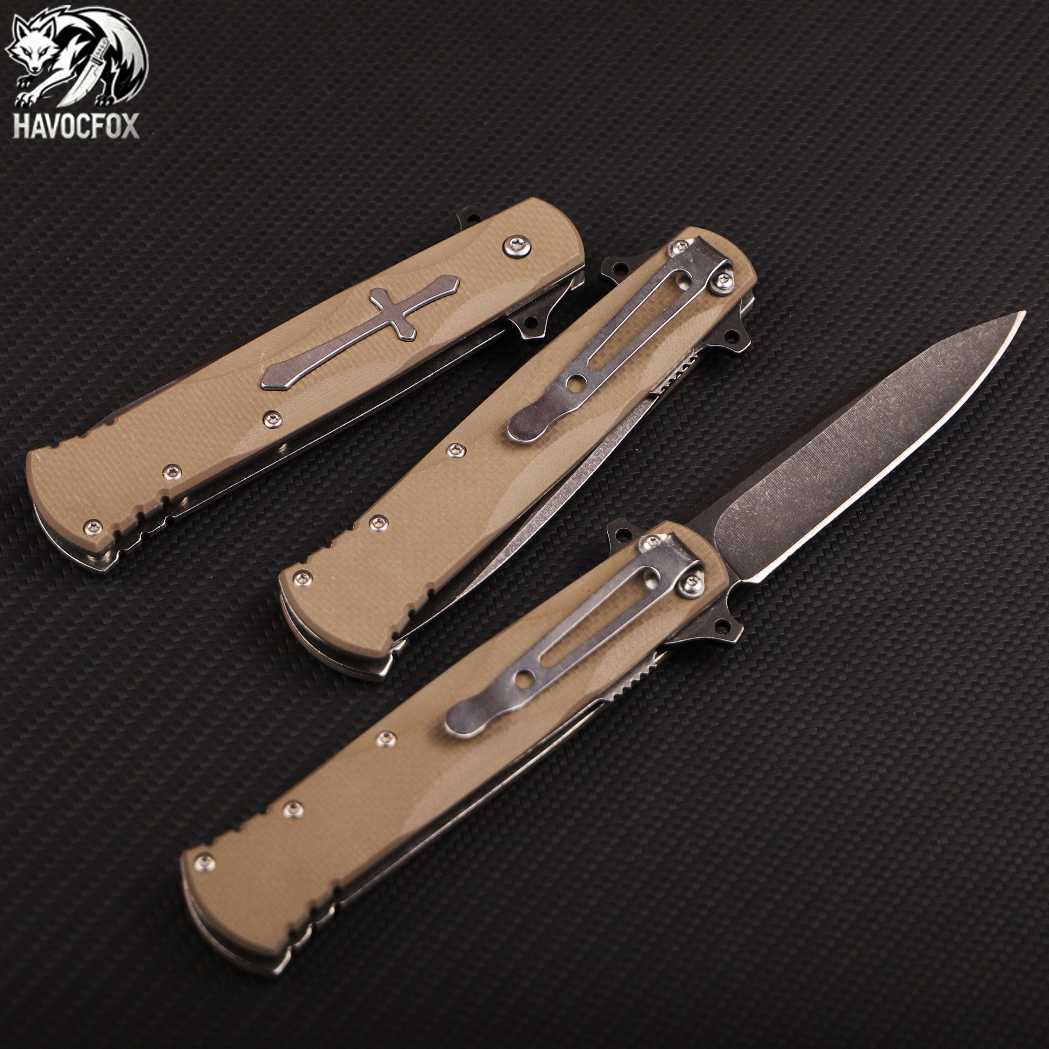 G10 Handle Cross Inlay Spear Point Folding EDC Pocket Knife