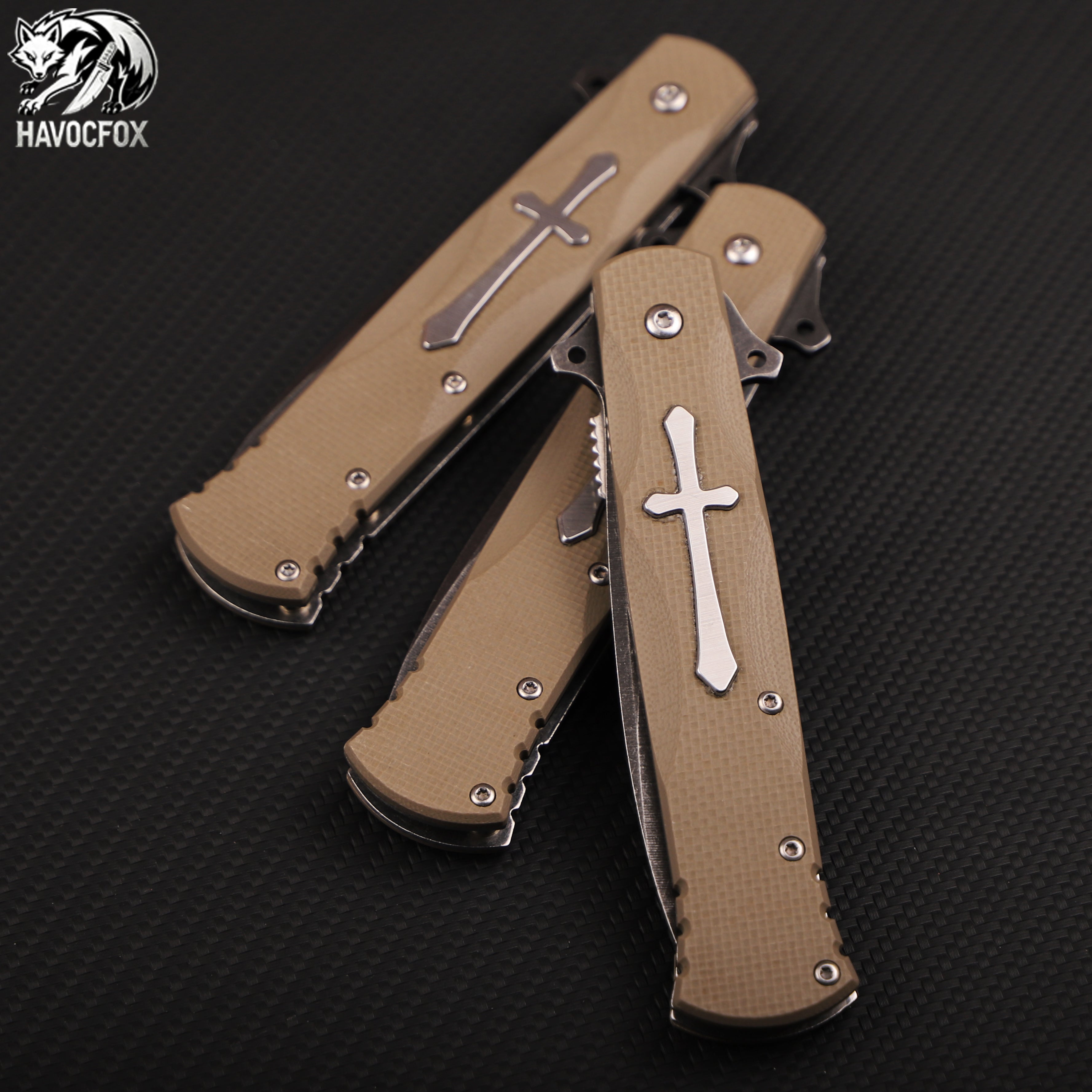 G10 Handle Cross Inlay Spear Point Folding EDC Pocket Knife
