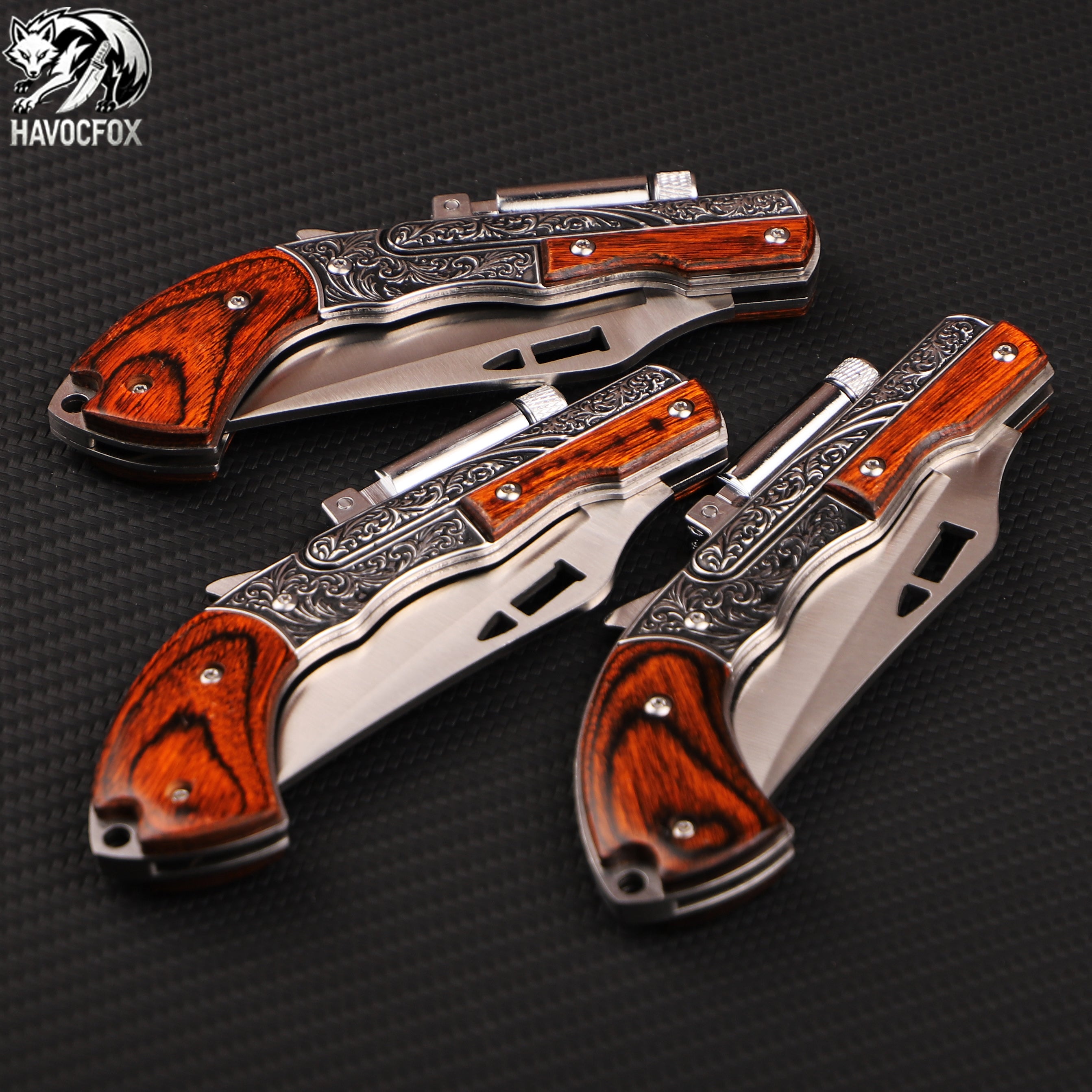 Vintage Engraved Wood Handle Folding Pocket Knife