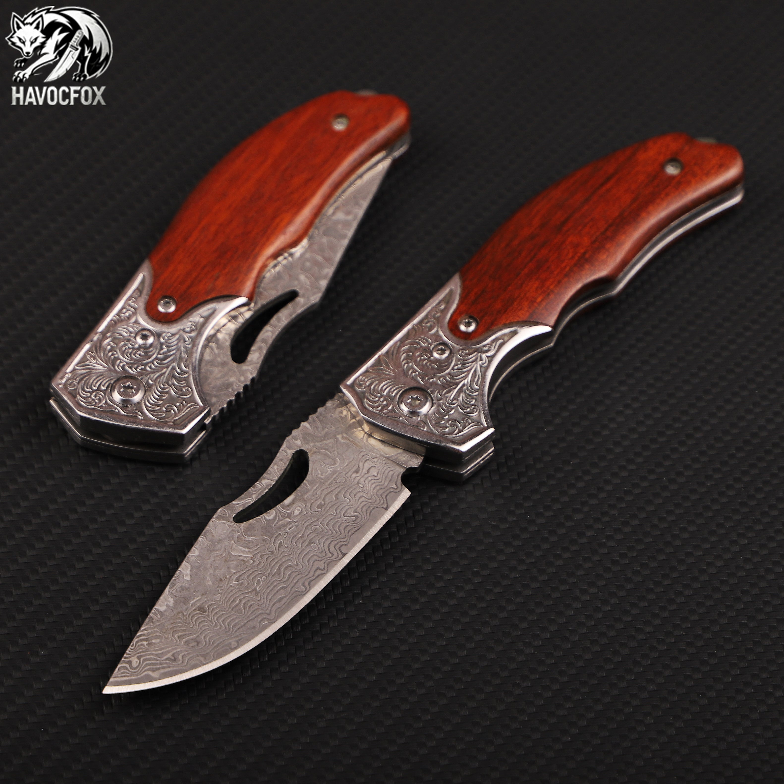 Rosewood Engraved Bolster Damascus Steel Vintage Folding Pocket Knife