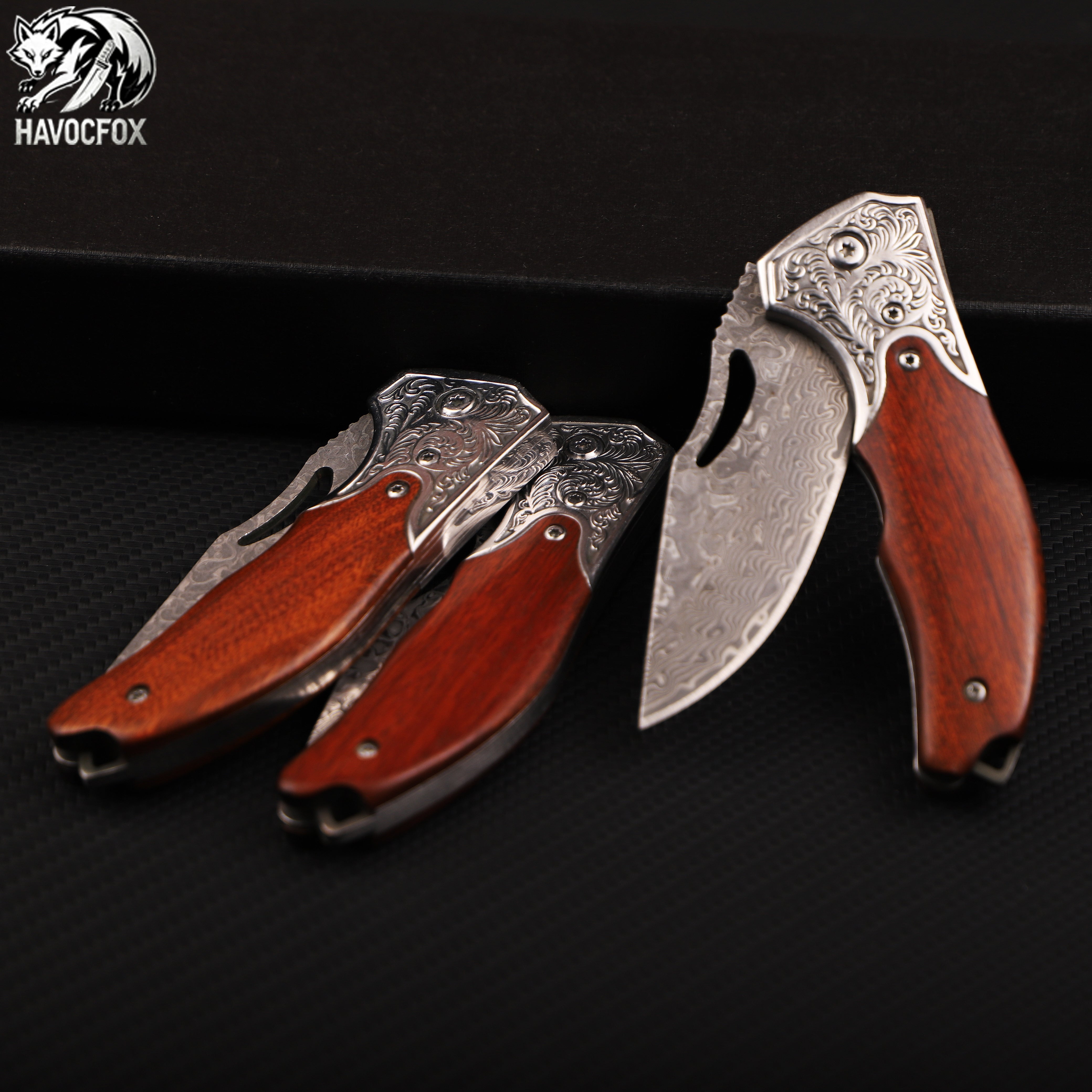 Rosewood Engraved Bolster Damascus Steel Vintage Folding Pocket Knife