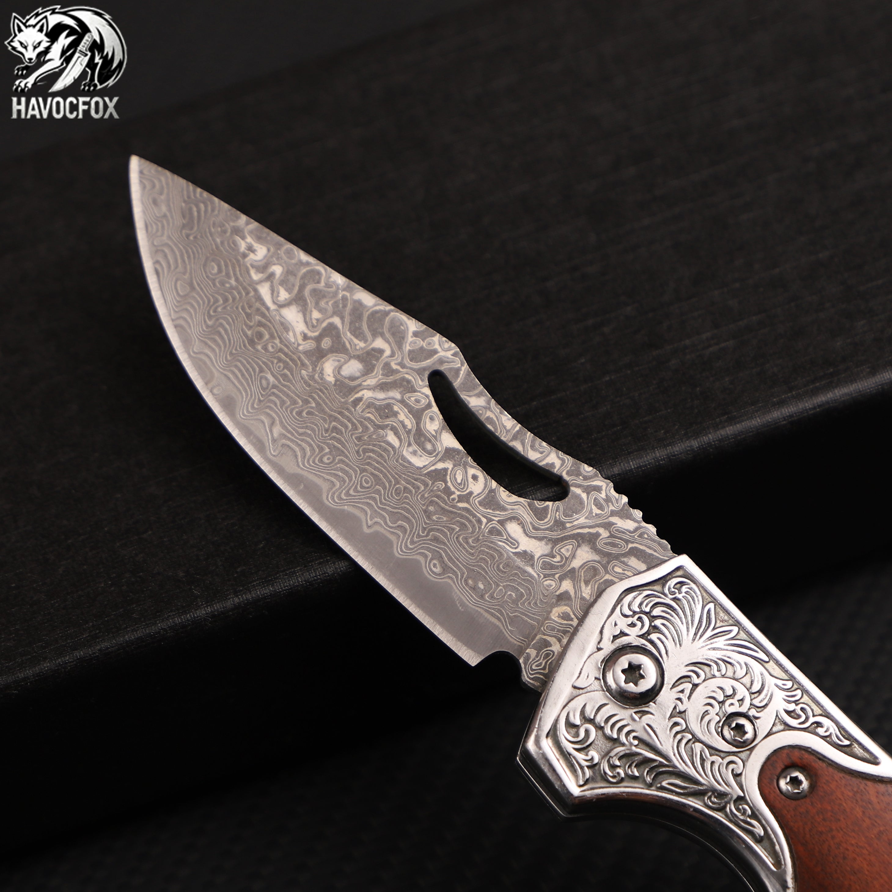 Rosewood Engraved Bolster Damascus Steel Vintage Folding Pocket Knife