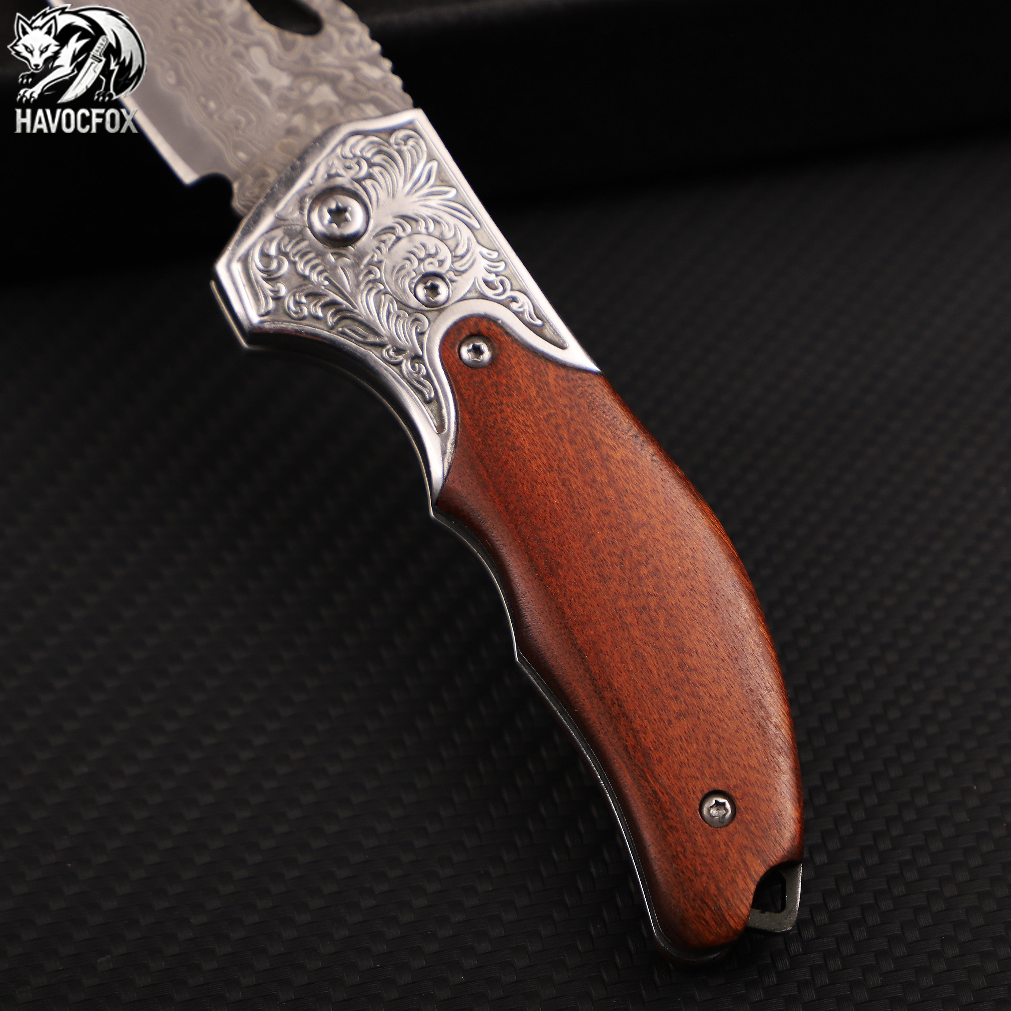 Rosewood Engraved Bolster Damascus Steel Vintage Folding Pocket Knife