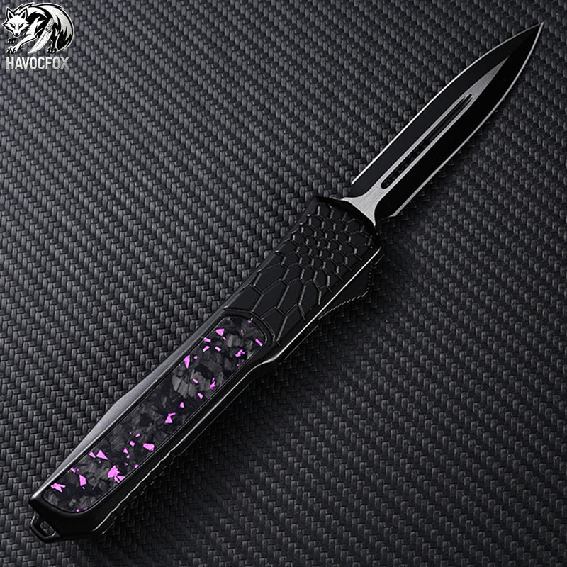 Purple Flake Carbon Fiber OTF Tactical Out-The-Front Automatic Knife
