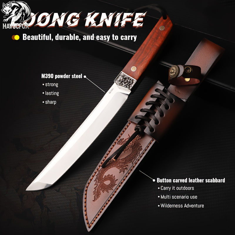 Carving Dragon Outdoor Straight Knife with Leather Sheath