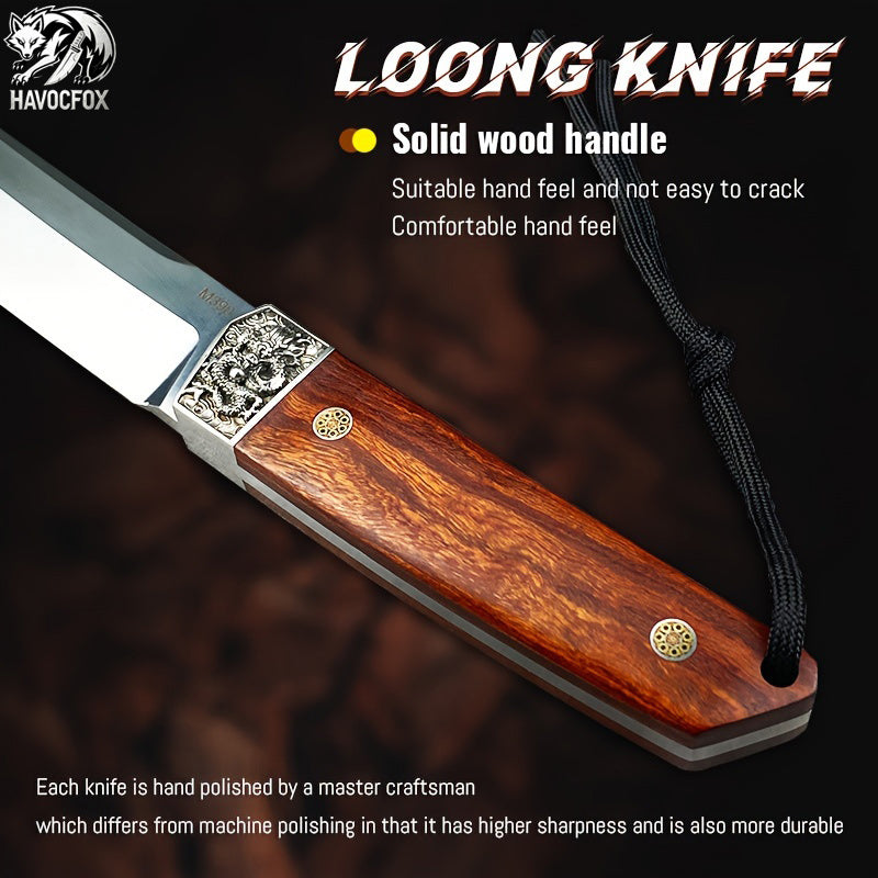 Carving Dragon Outdoor Straight Knife with Leather Sheath