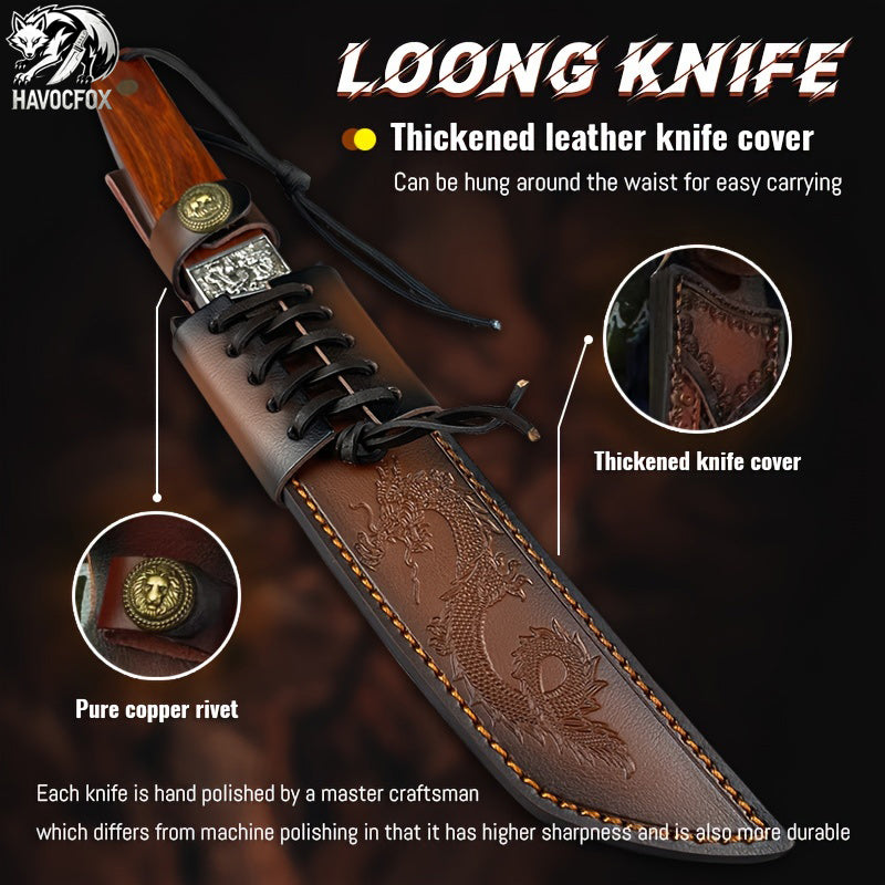 Carving Dragon Outdoor Straight Knife with Leather Sheath