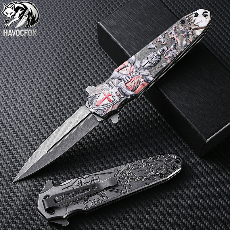 3D Embossed Aluminum Handle Double Spear Point Side Flip Folding Pocket Knife