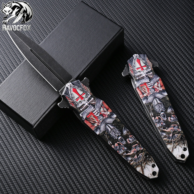 3D Embossed Aluminum Handle Double Spear Point Side Flip Folding Pocket Knife
