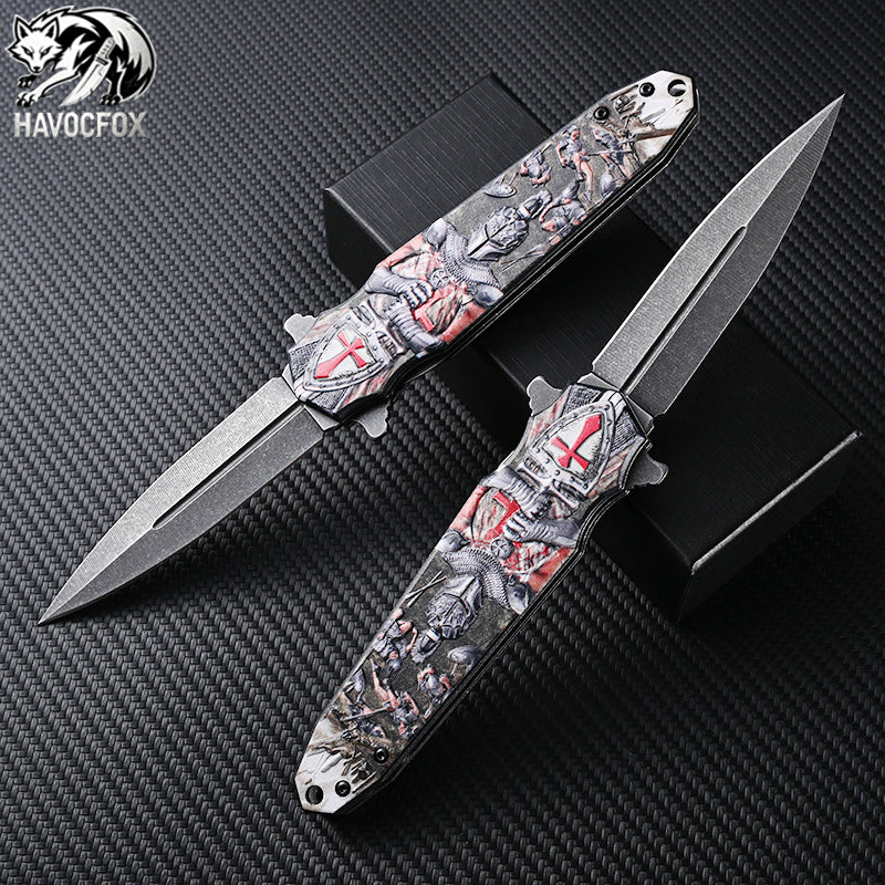 3D Embossed Aluminum Handle Double Spear Point Side Flip Folding Pocket Knife