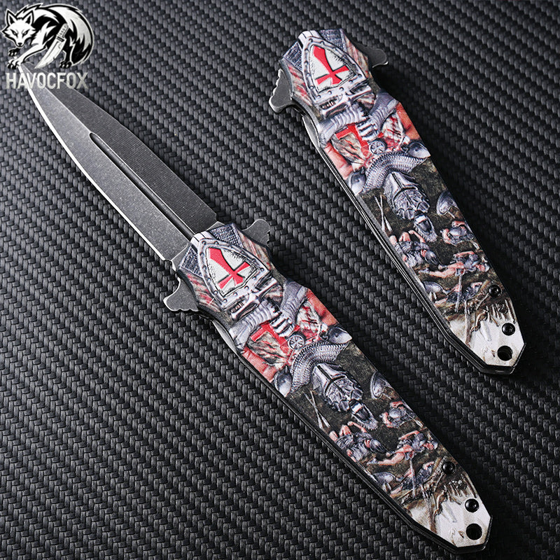 3D Embossed Aluminum Handle Double Spear Point Side Flip Folding Pocket Knife