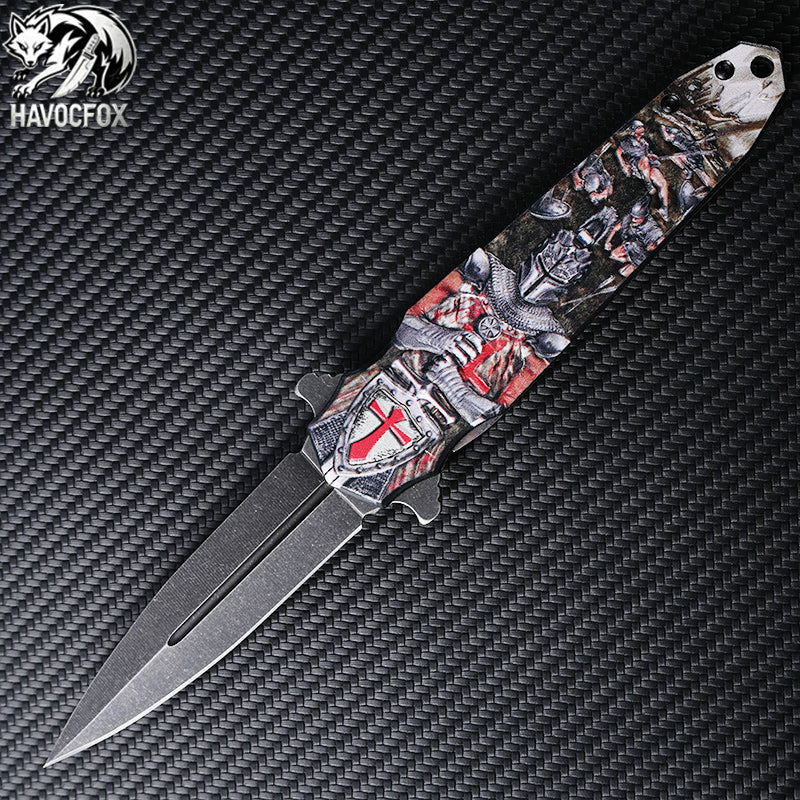 3D Embossed Aluminum Handle Double Spear Point Side Flip Folding Pocket Knife