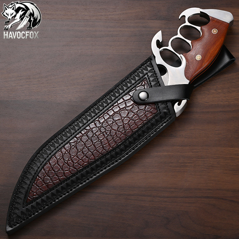 AUS-10 Wood Handle Knuckle Guard Tactical Bowie Fixed Blade Knife