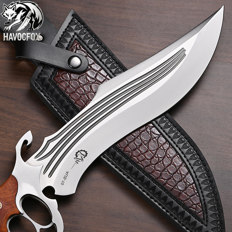 AUS-10 Wood Handle Knuckle Guard Tactical Bowie Fixed Blade Knife