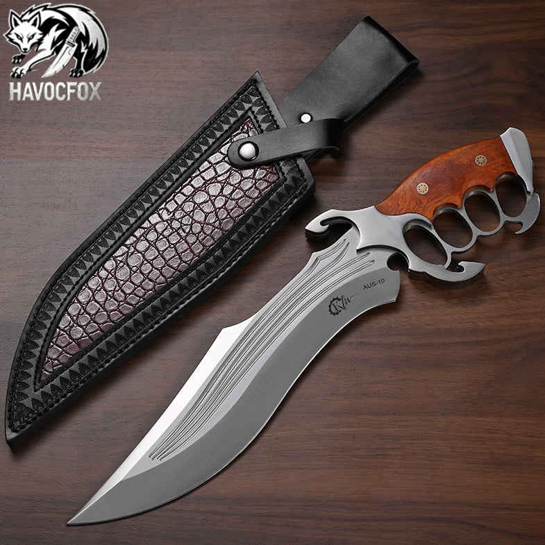 AUS-10 Wood Handle Knuckle Guard Tactical Bowie Fixed Blade Knife