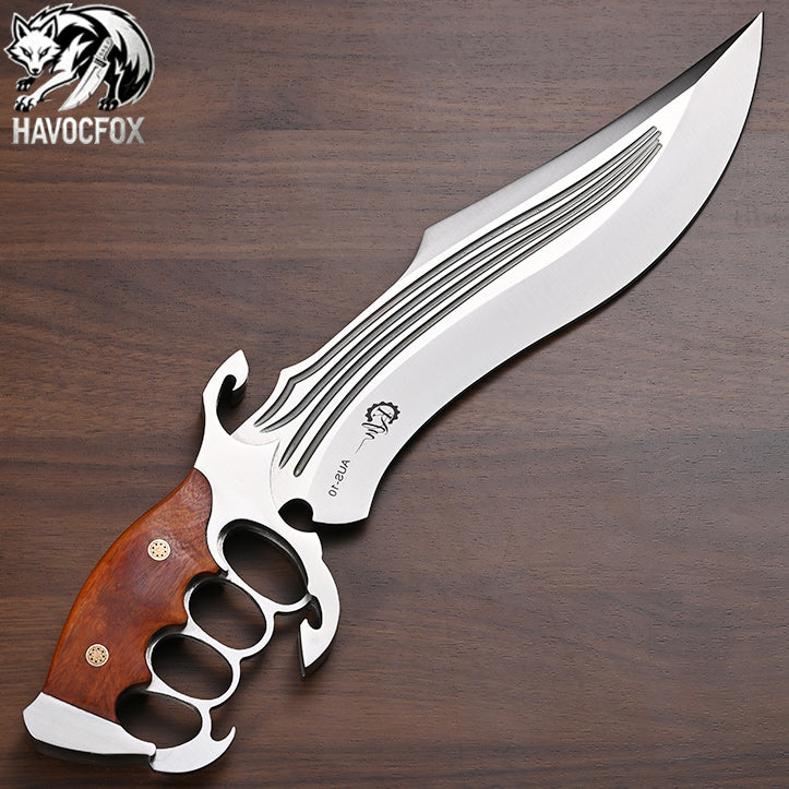 AUS-10 Wood Handle Knuckle Guard Tactical Bowie Fixed Blade Knife