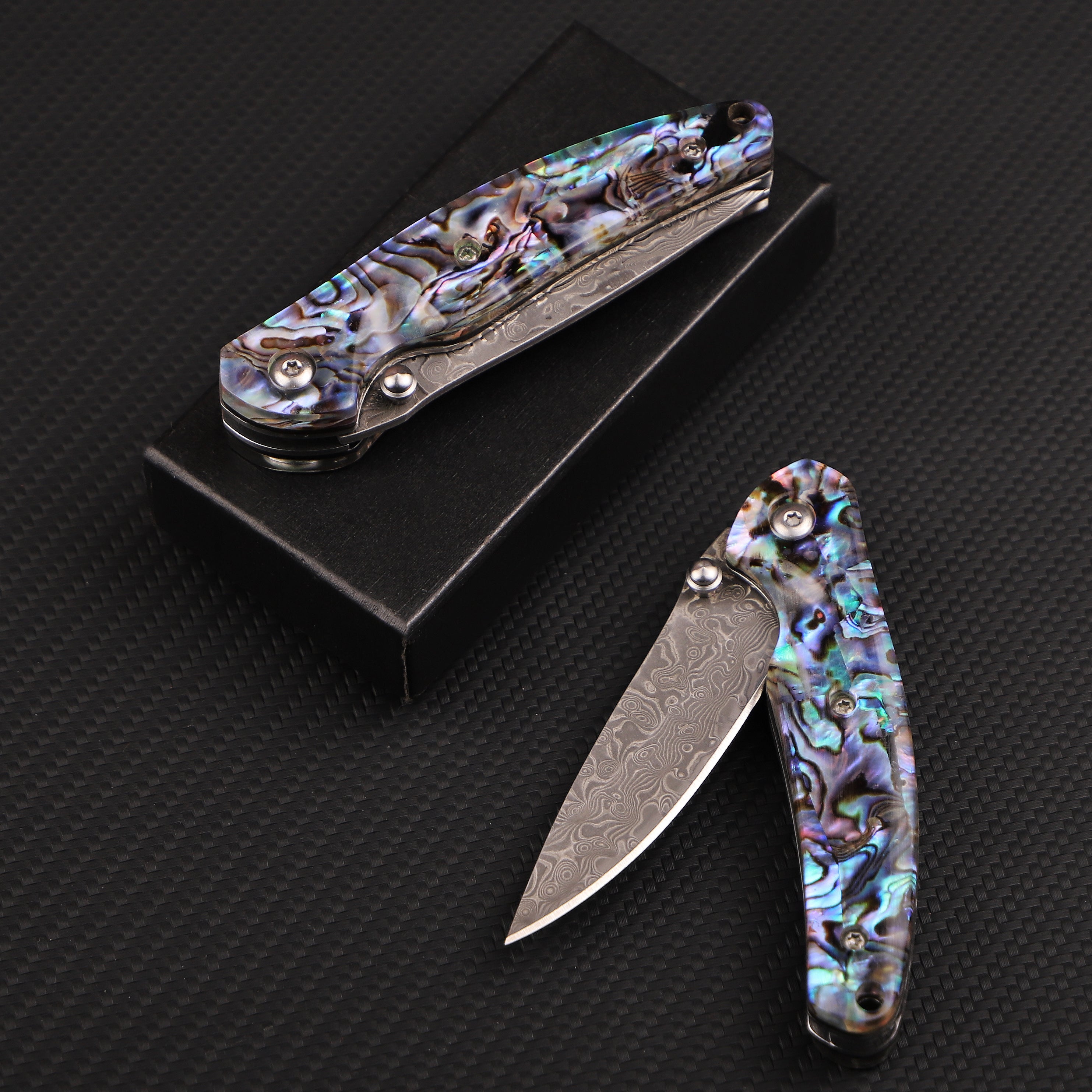 Abalone Shell Handle Damascus Folding Pocket Knife