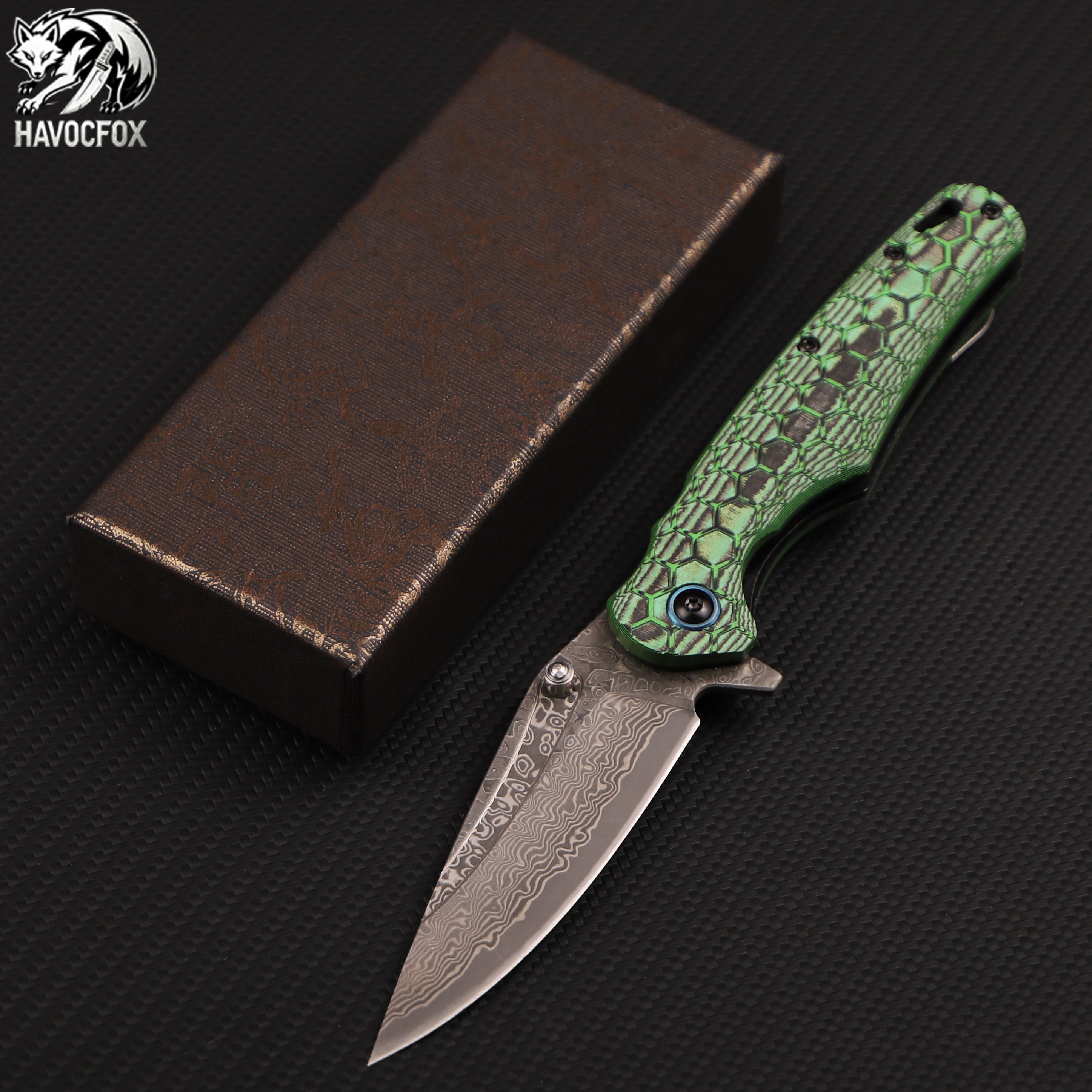 Green Honeycomb Texture G10 Damascus Folding EDC Pocket Knife