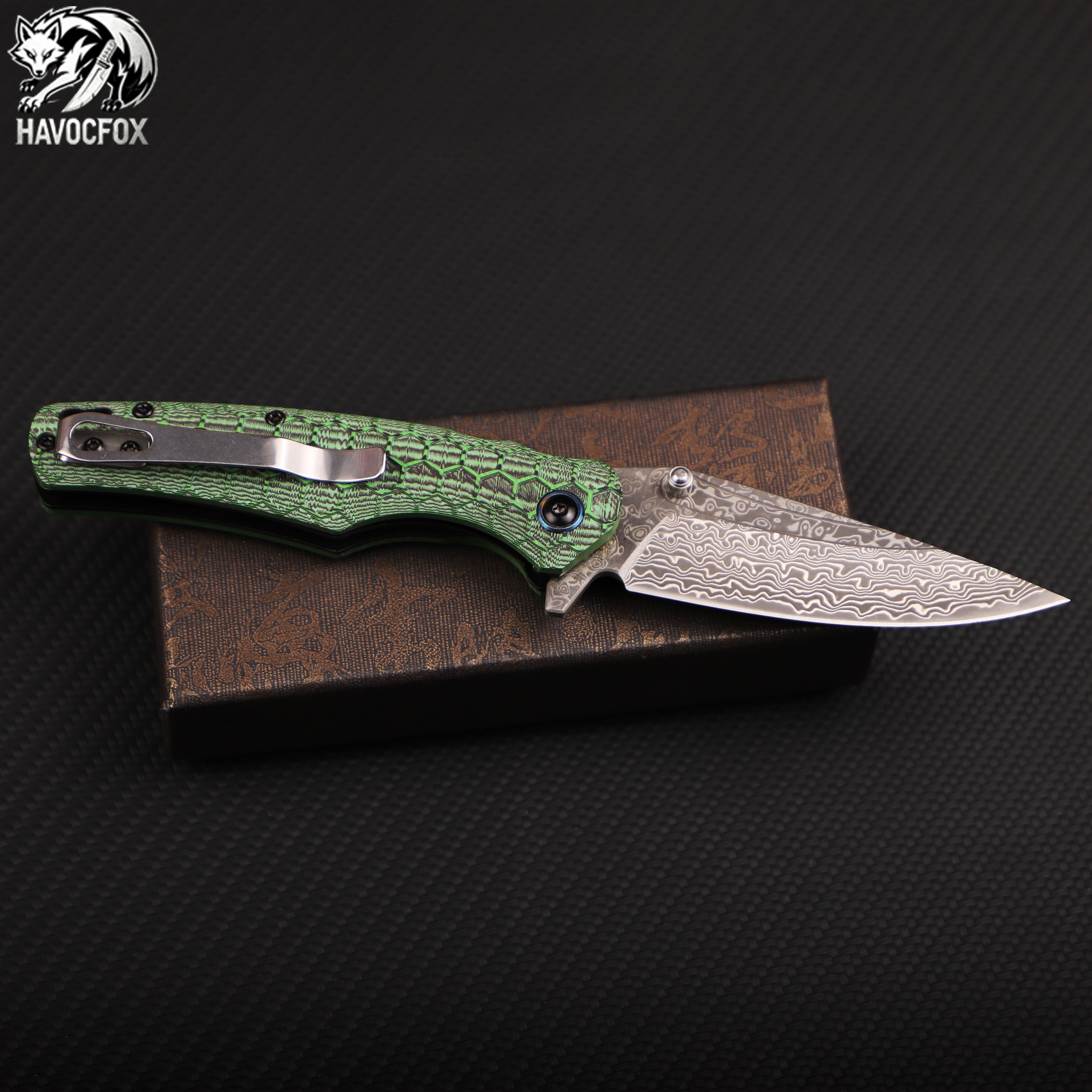 Green Honeycomb Texture G10 Damascus Folding EDC Pocket Knife