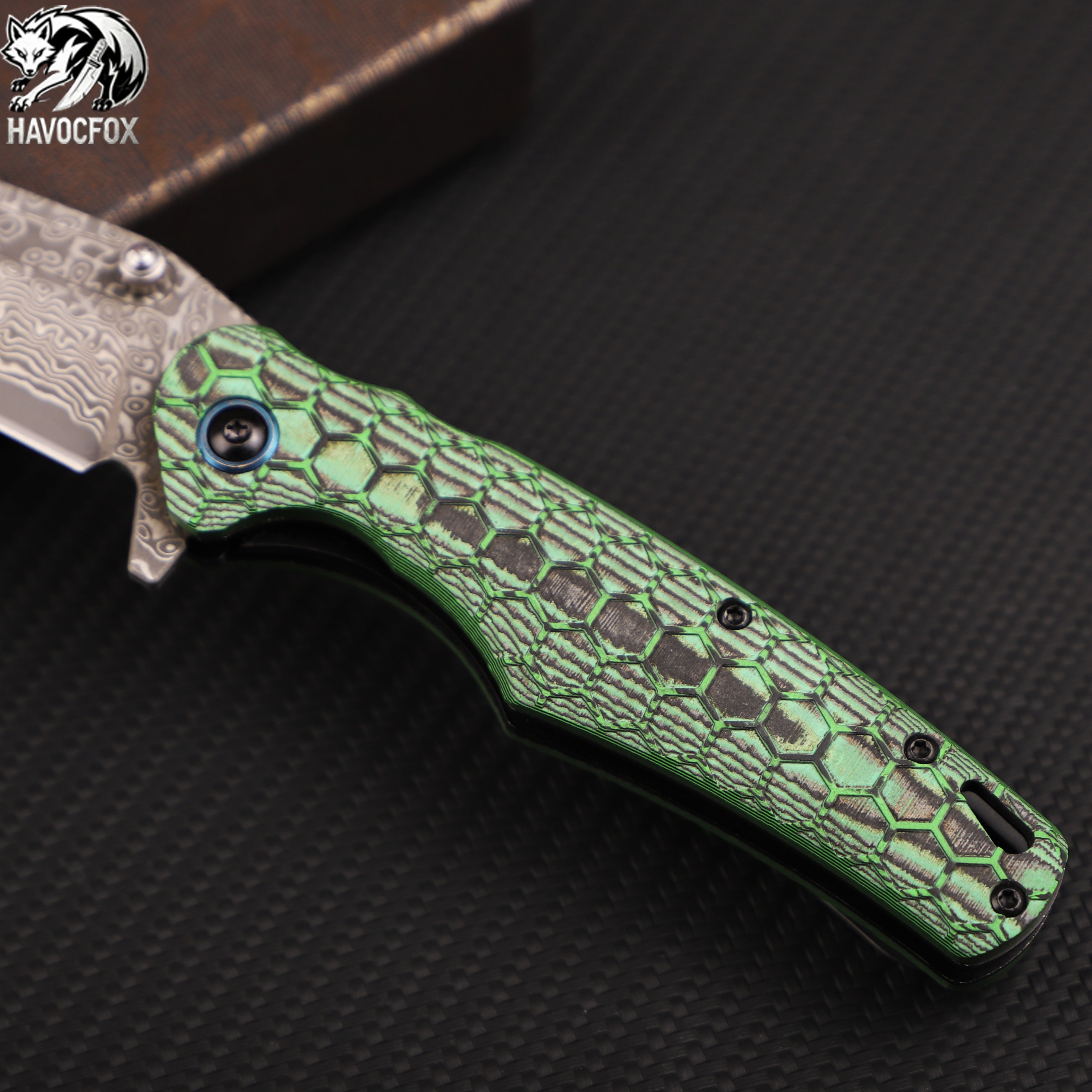Green Honeycomb Texture G10 Damascus Folding EDC Pocket Knife