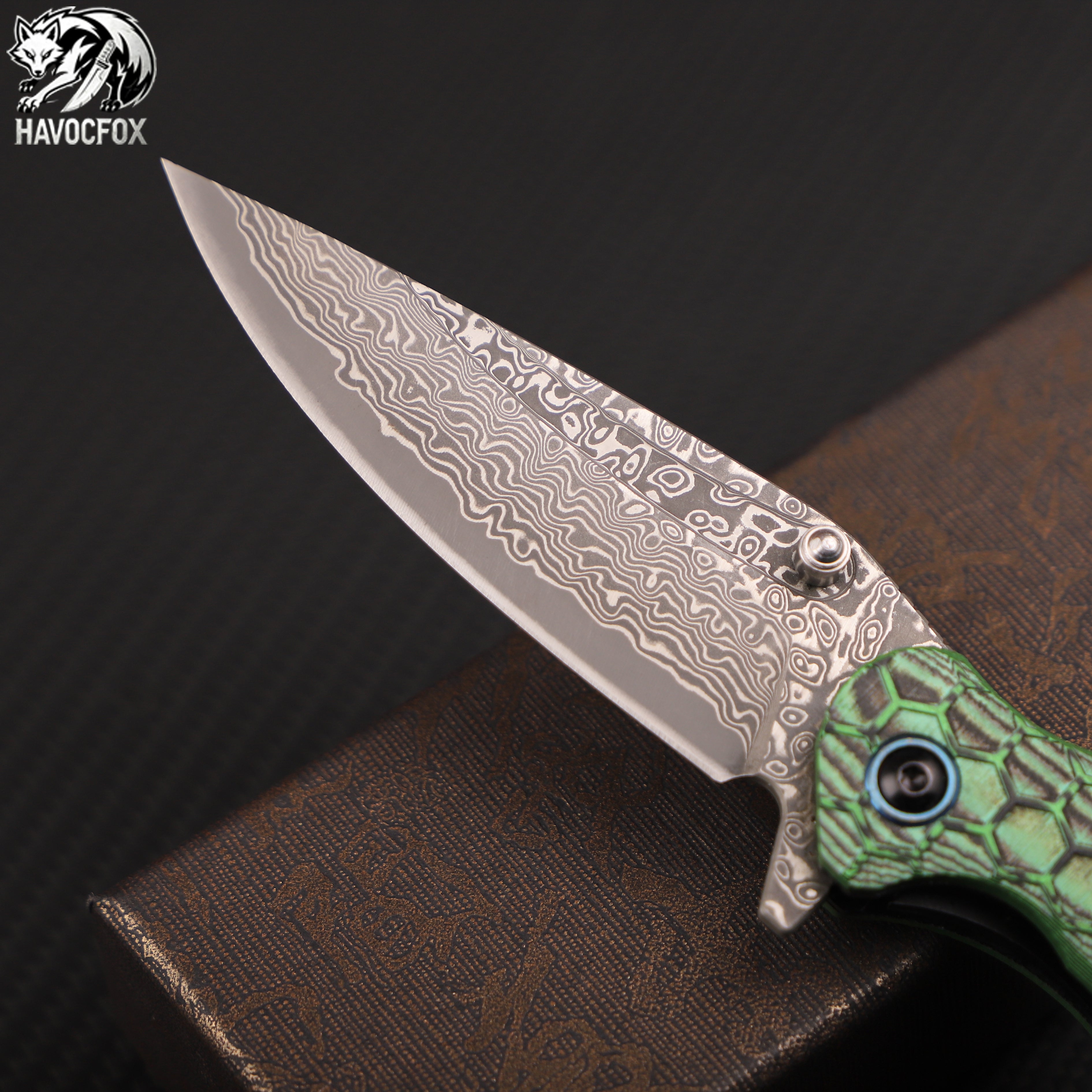 Green Honeycomb Texture G10 Damascus Folding EDC Pocket Knife
