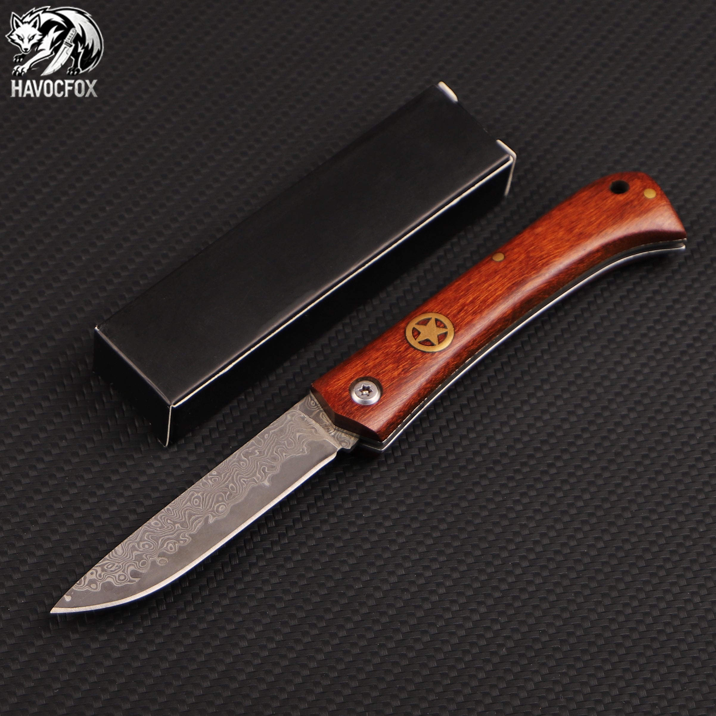 Rosewood Handle Five-pointed Star Badge Damascus Steel Folding Pocket Knife