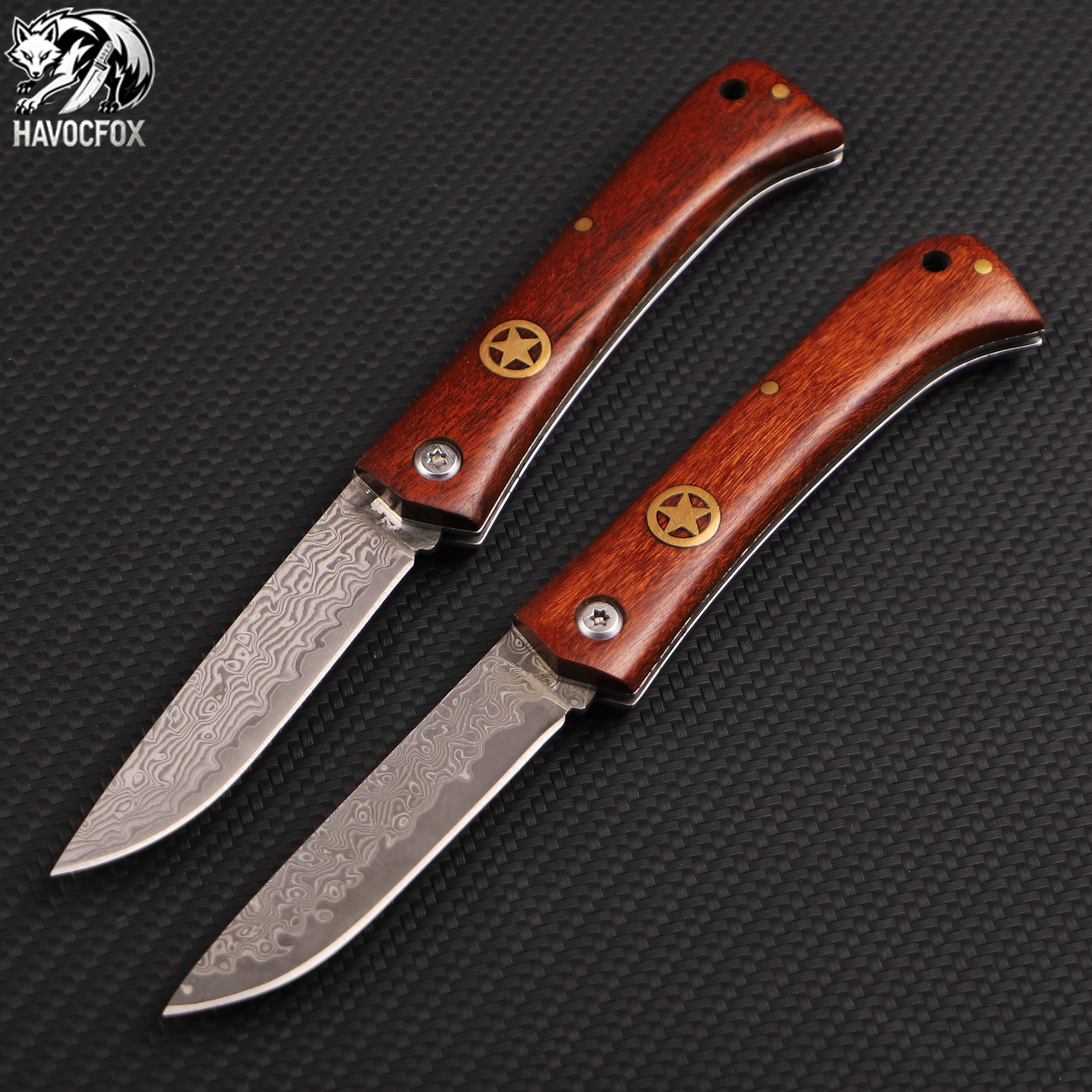 Rosewood Handle Five-pointed Star Badge Damascus Steel Folding Pocket Knife