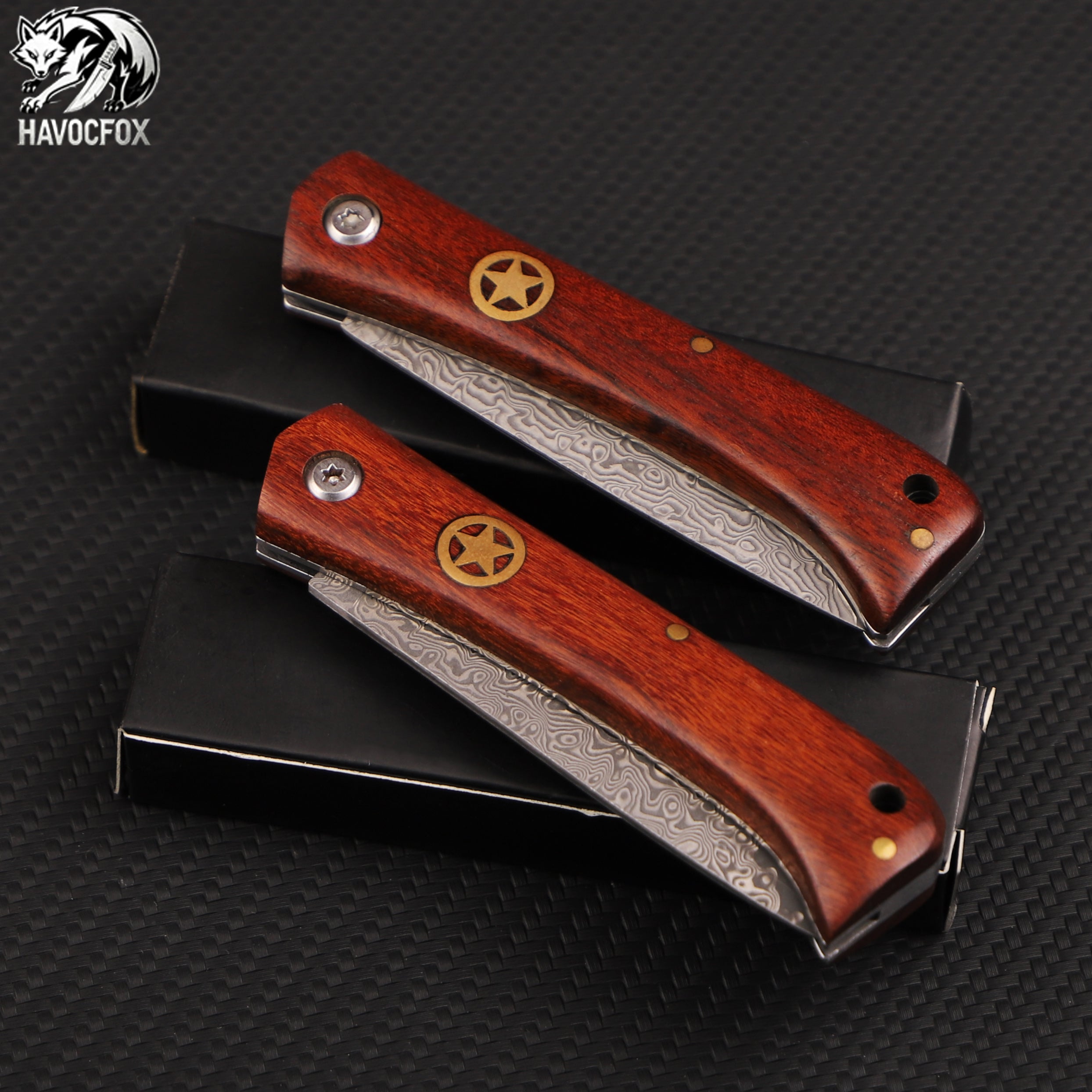 Rosewood Handle Five-pointed Star Badge Damascus Steel Folding Pocket Knife