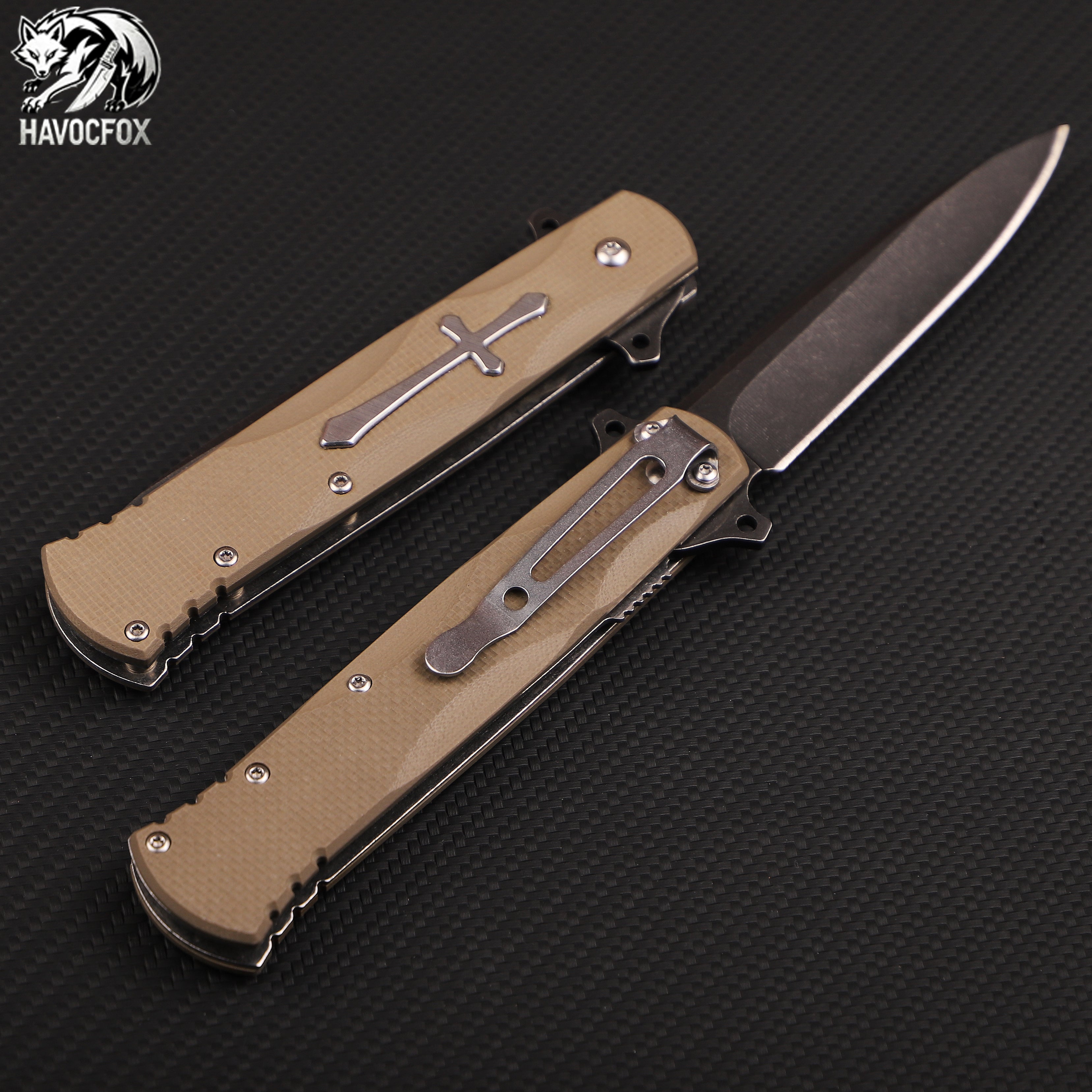 G10 Handle Cross Inlay Spear Point Folding EDC Pocket Knife