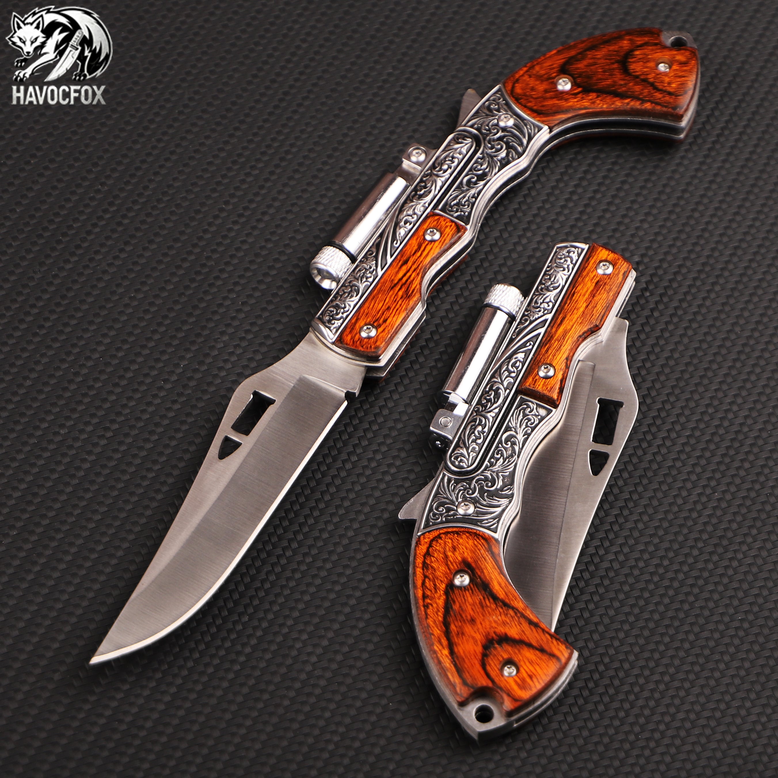 Vintage Engraved Wood Handle Folding Pocket Knife