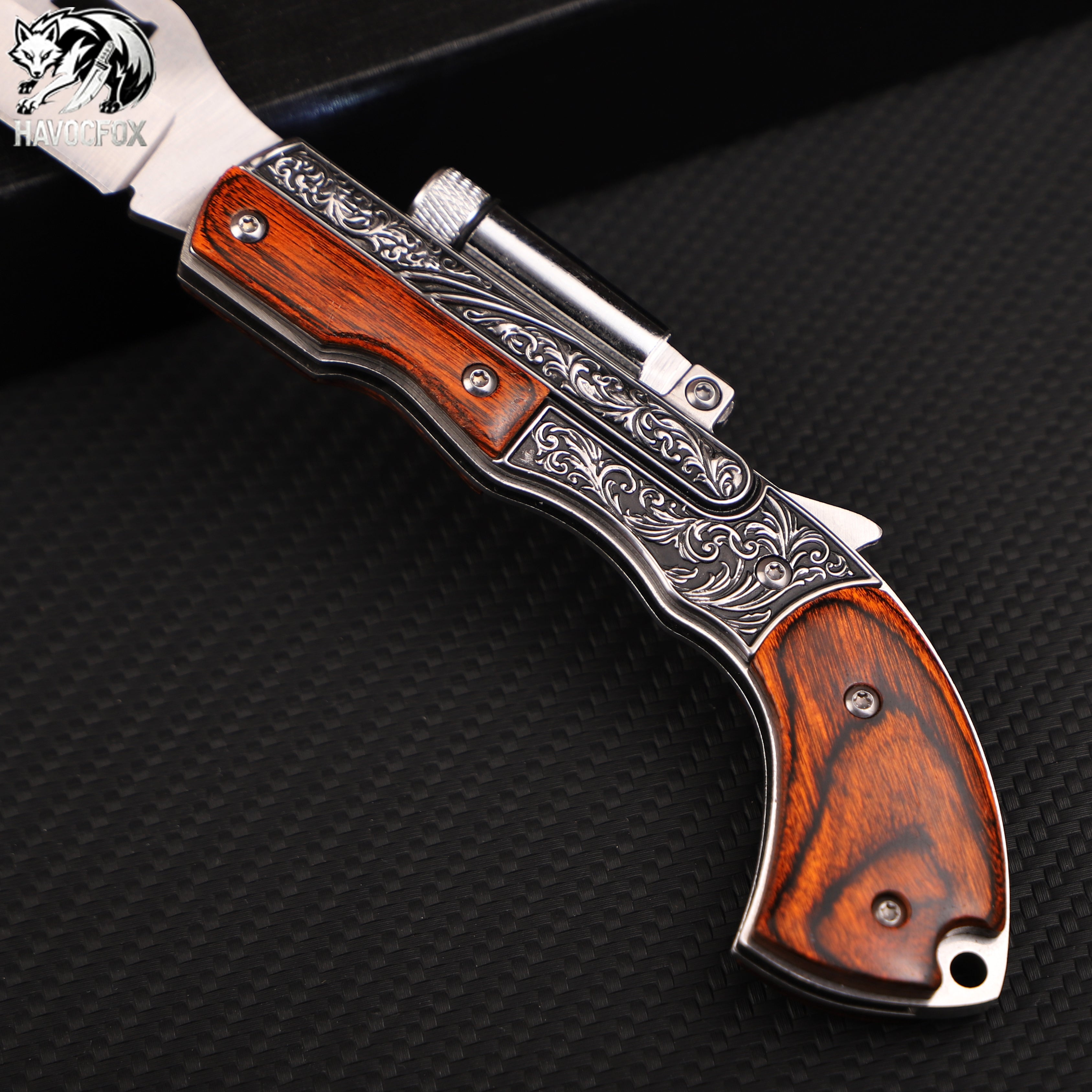 Vintage Engraved Wood Handle Folding Pocket Knife