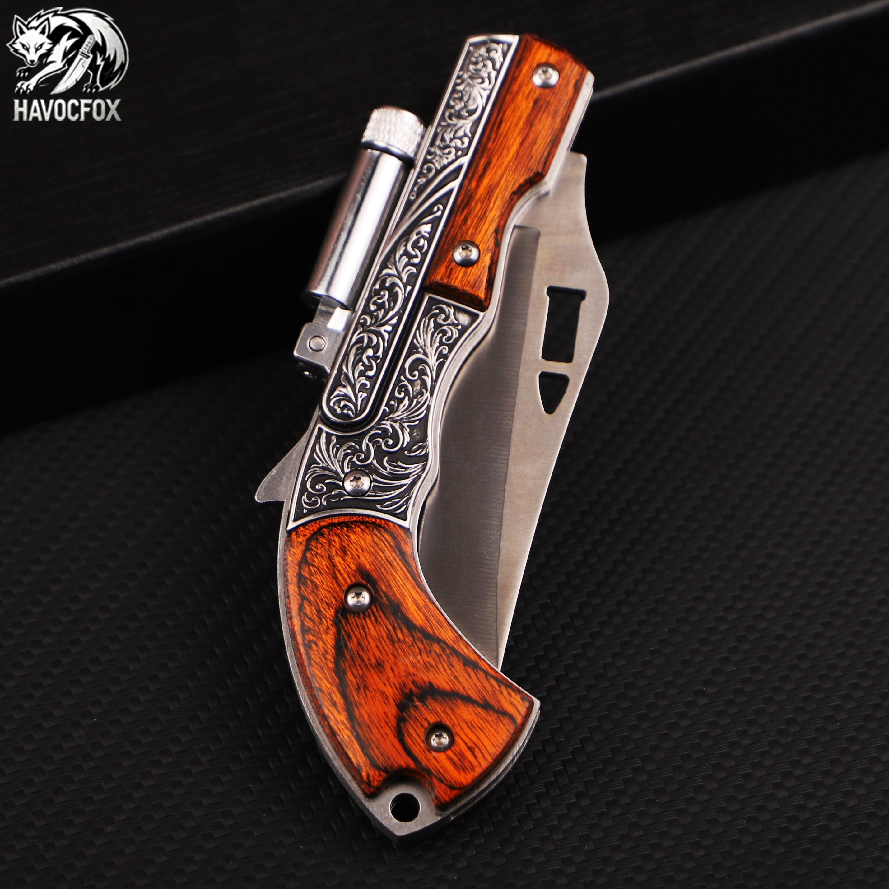 Vintage Engraved Wood Handle Folding Pocket Knife