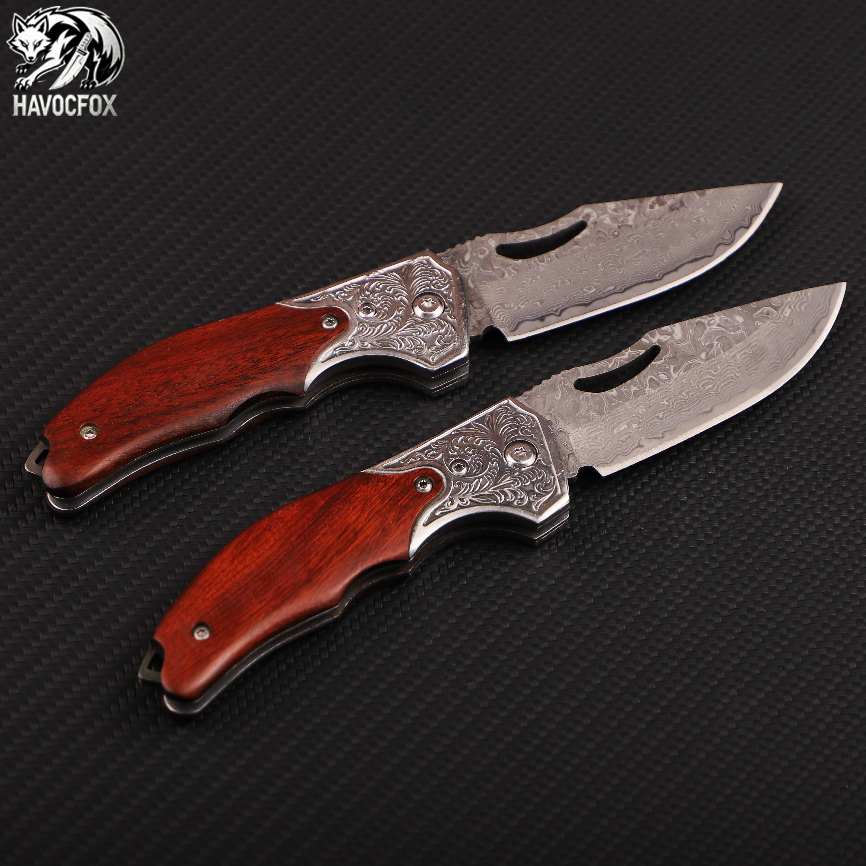 Rosewood Engraved Bolster Damascus Steel Vintage Folding Pocket Knife