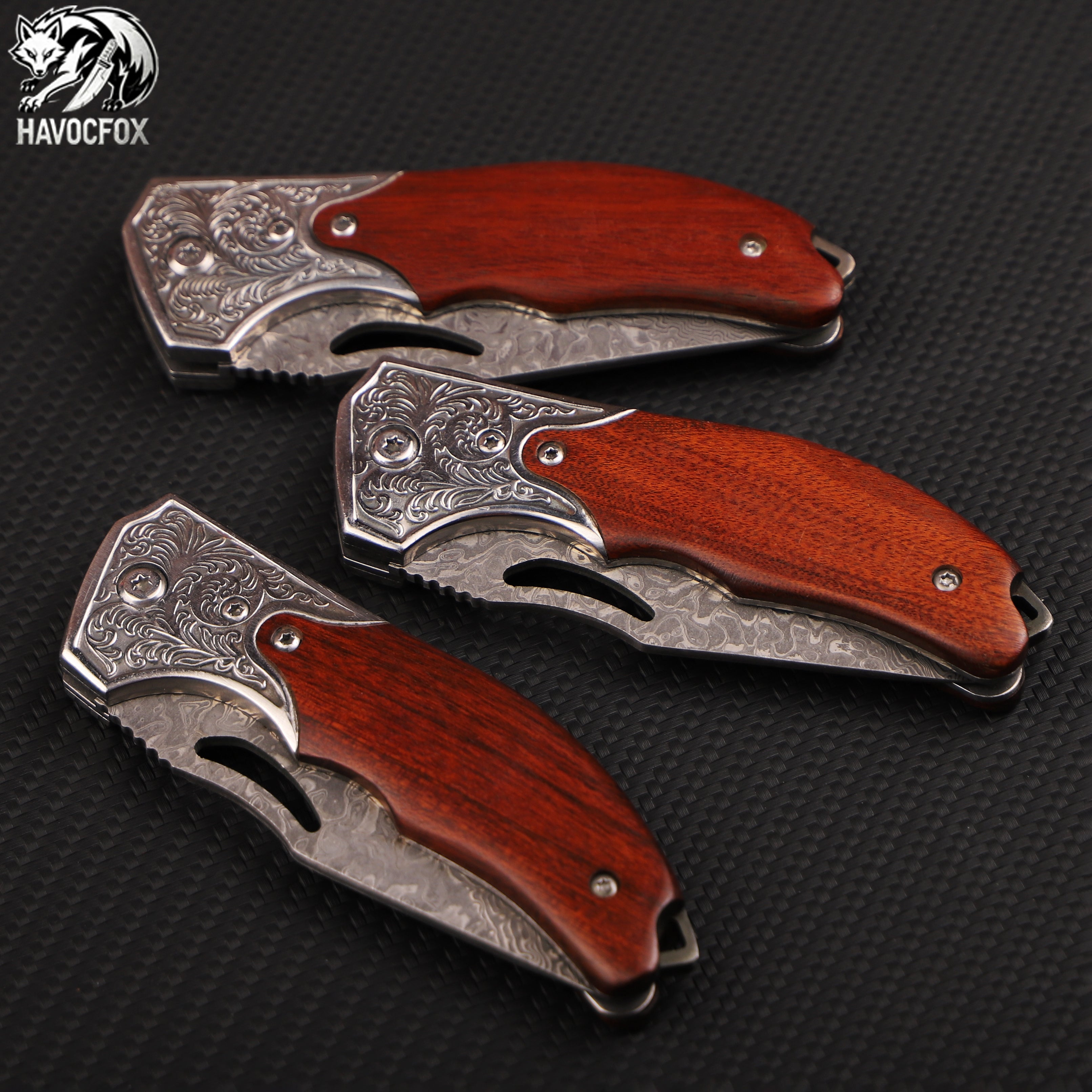 Rosewood Engraved Bolster Damascus Steel Vintage Folding Pocket Knife