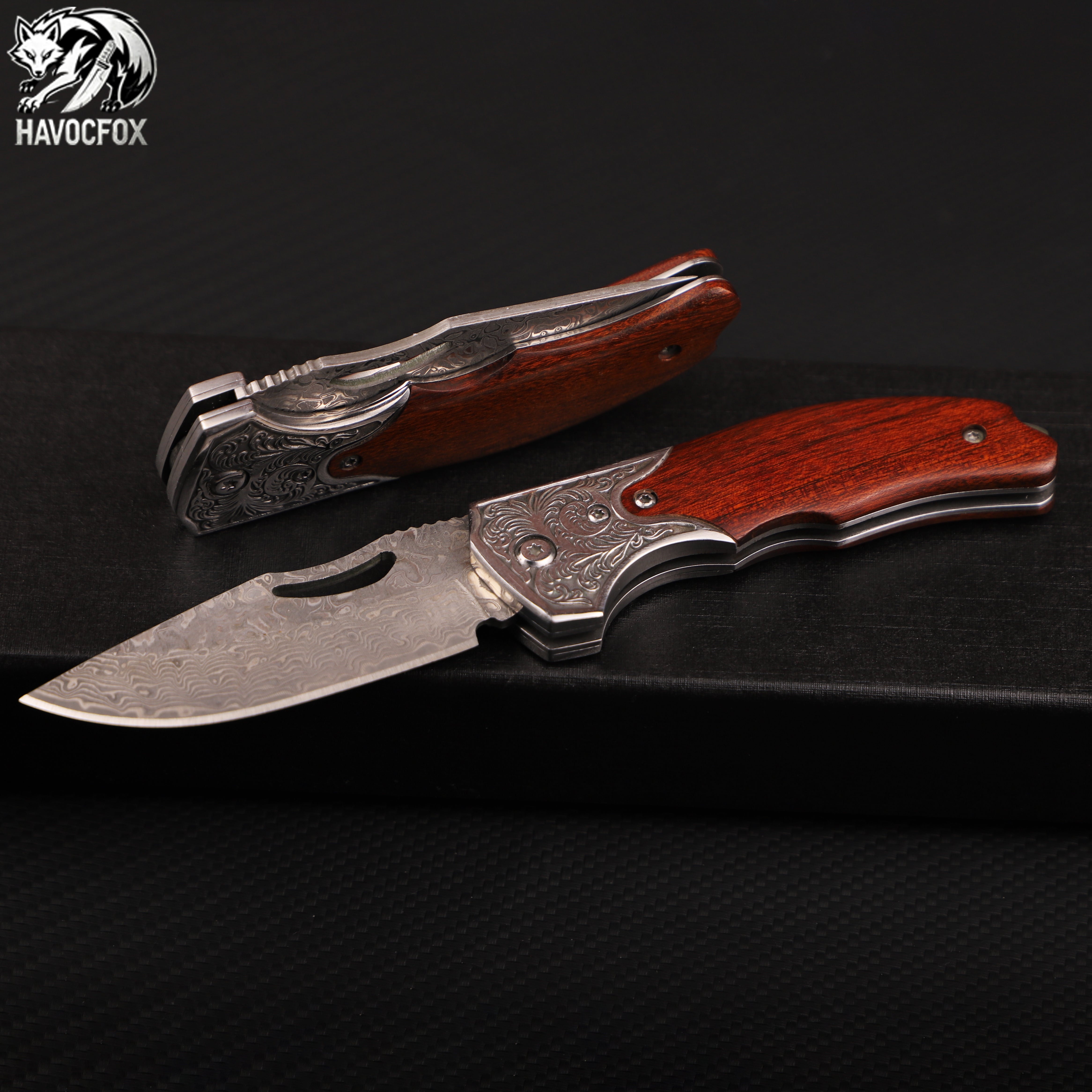 Rosewood Engraved Bolster Damascus Steel Vintage Folding Pocket Knife