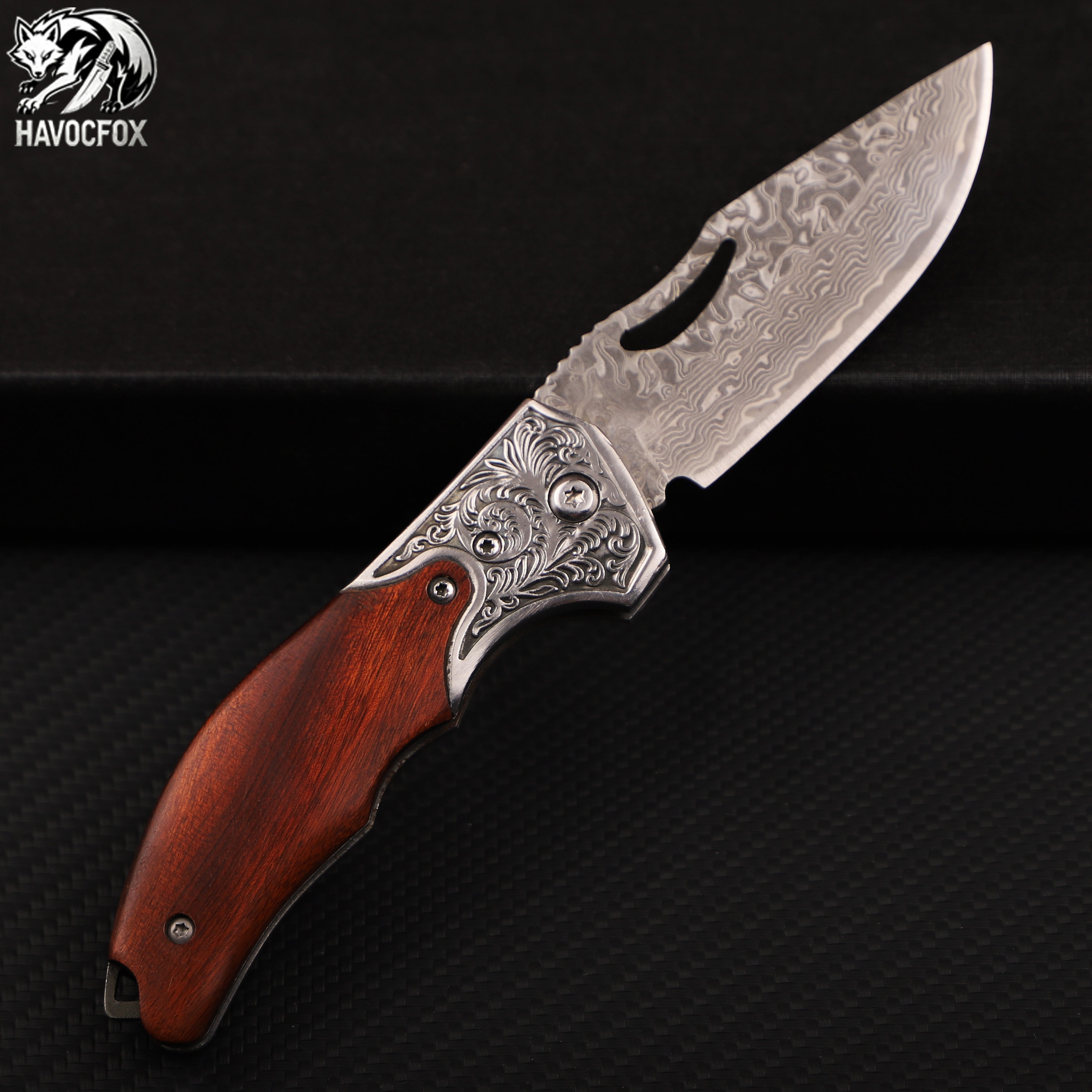 Rosewood Engraved Bolster Damascus Steel Vintage Folding Pocket Knife
