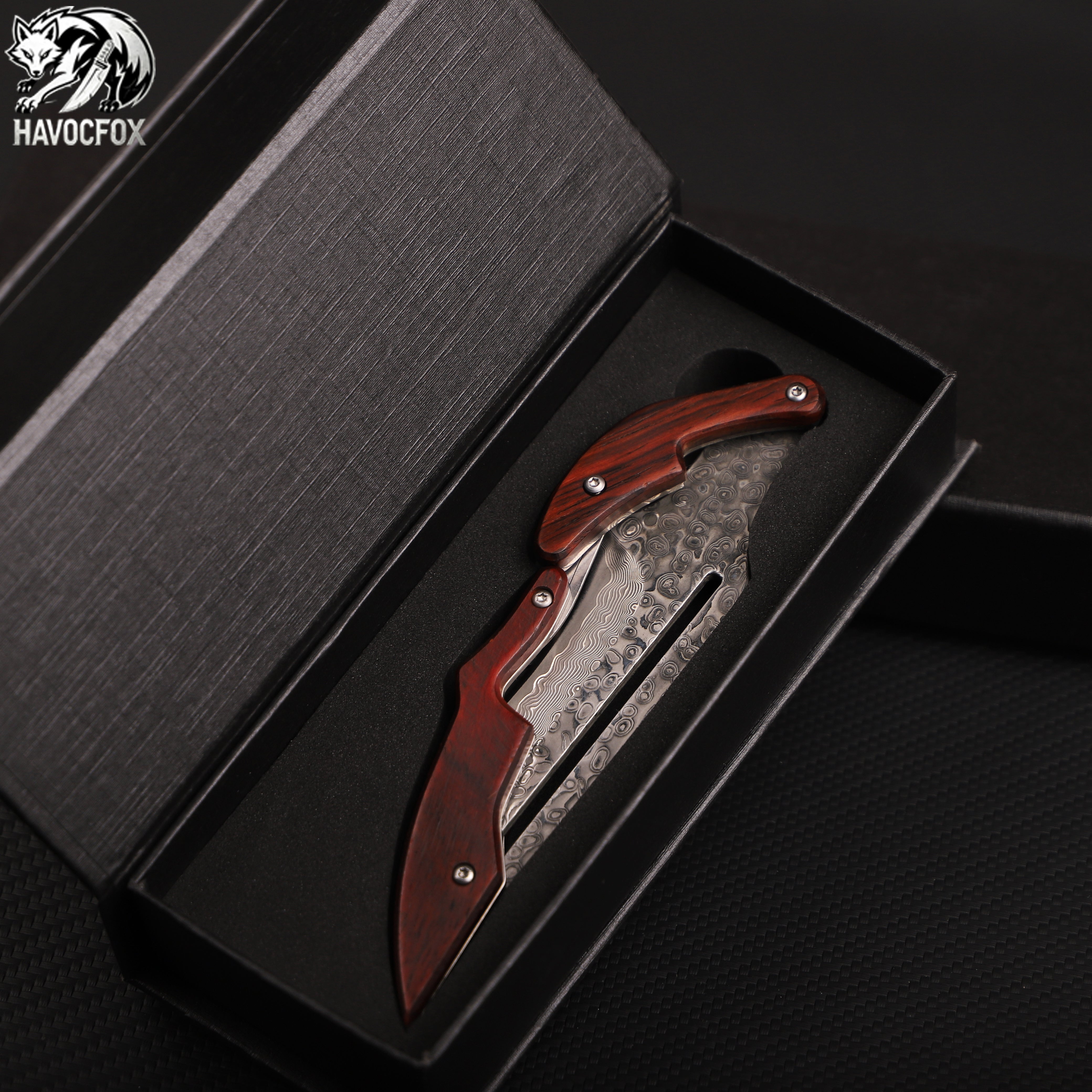 Rosewood handle Damascus steel mechanical folding knife